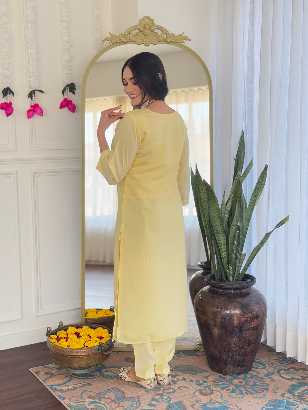 Teeya Creation Light Yellow Color Viscose Chanderi Embroidery Work Fully Stitched Kurti Set