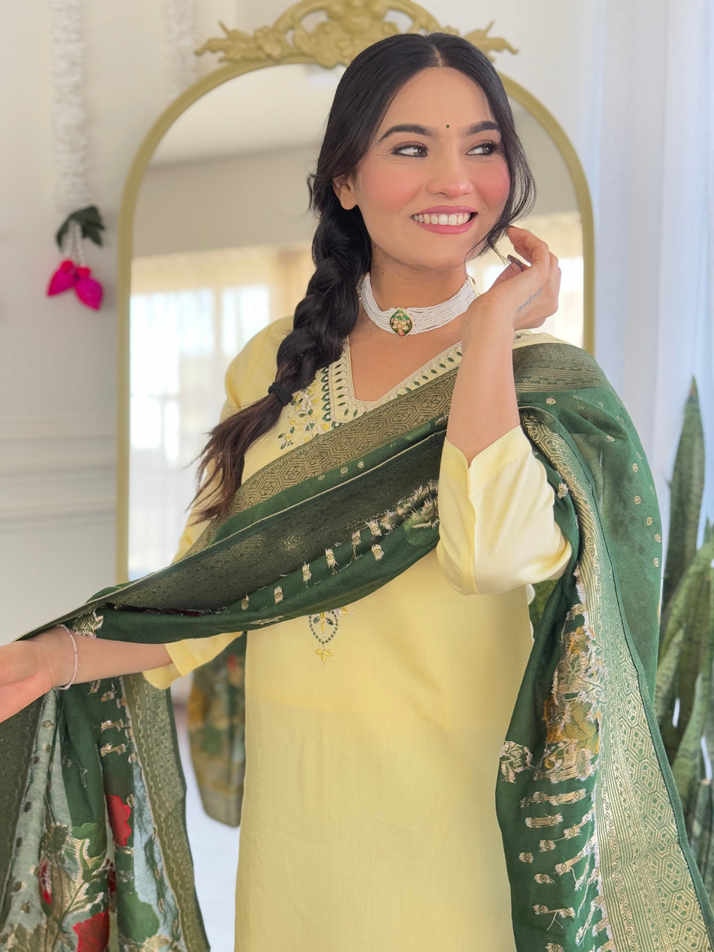 Teeya Creation Light Yellow Color Viscose Chanderi Embroidery Work Fully Stitched Kurti Set