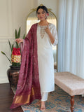 Teeya Creation White Color Roman Silk Embroidery Work Fully Stitched Kurti Set