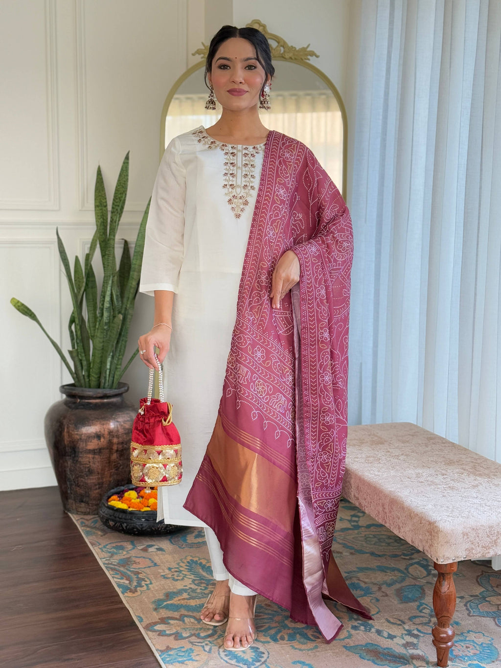Teeya Creation White Color Roman Silk Embroidery Work Fully Stitched Kurti Set