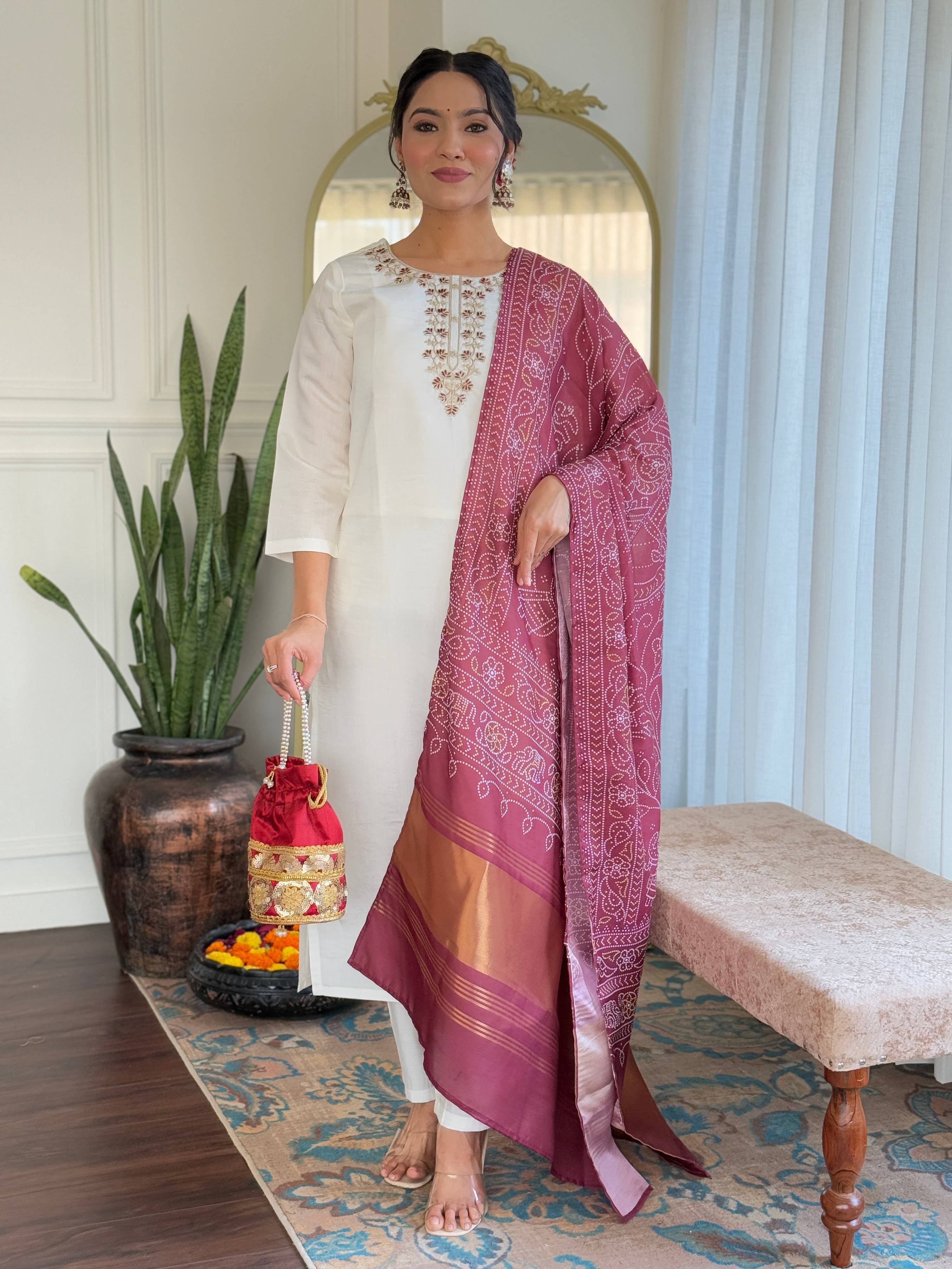 Teeya Creation White Color Roman Silk Embroidery Work Fully Stitched Kurti Set