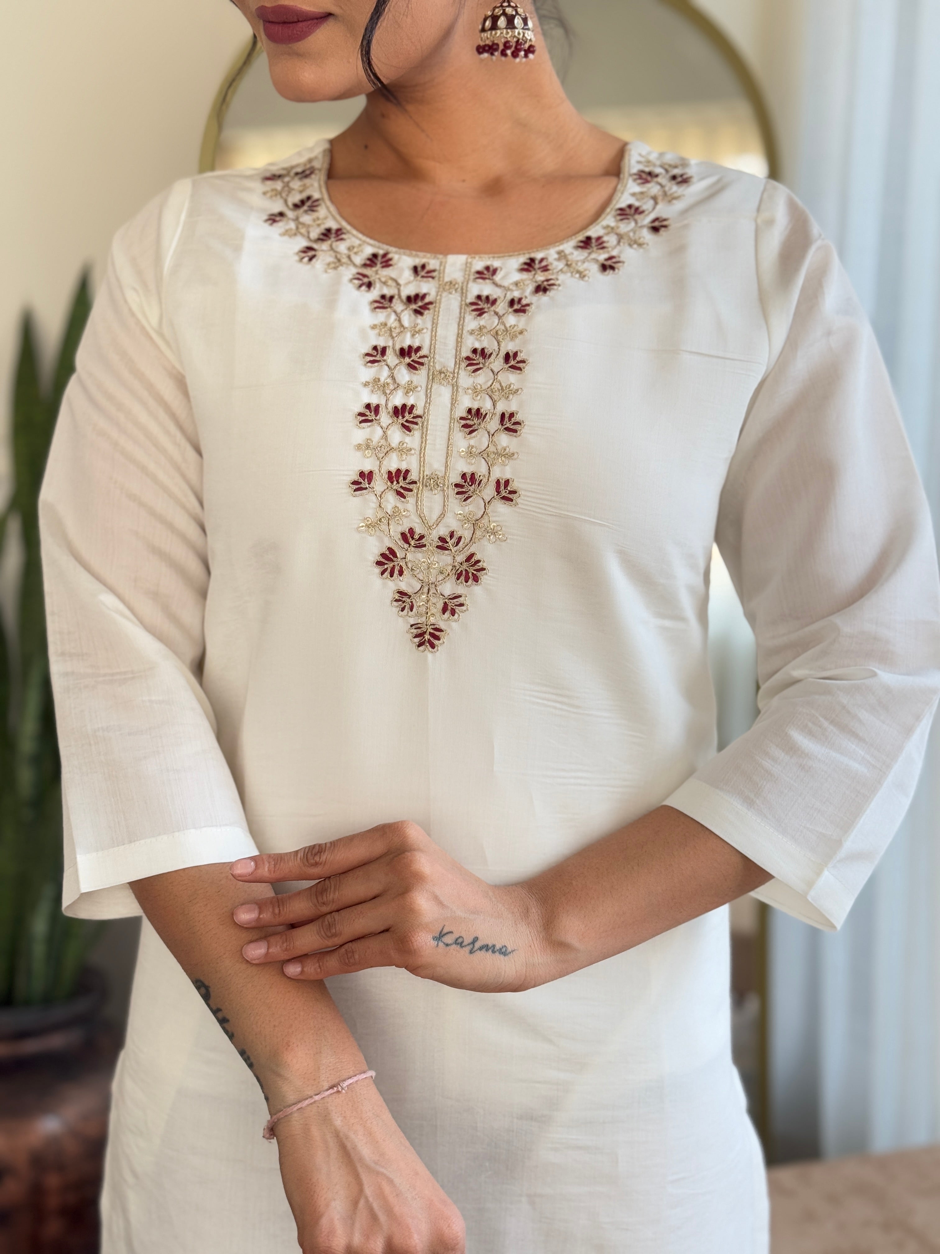 Teeya Creation White Color Roman Silk Embroidery Work Fully Stitched Kurti Set
