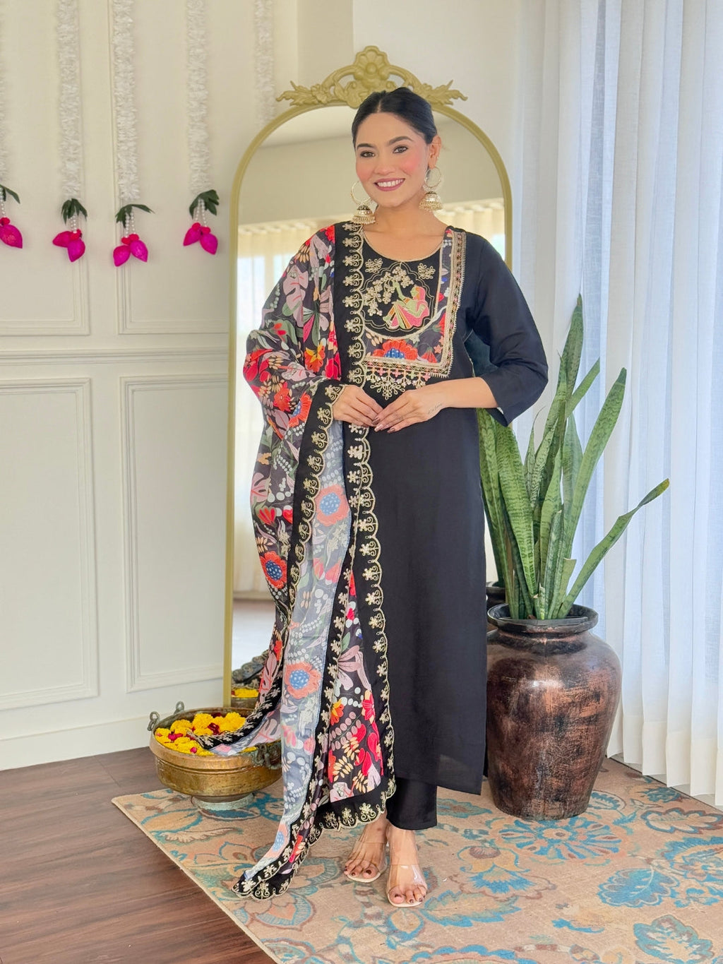 Teeya Creation Black Color Viscose Chanderi Embroidery Work Fully Stitched Kurti Set