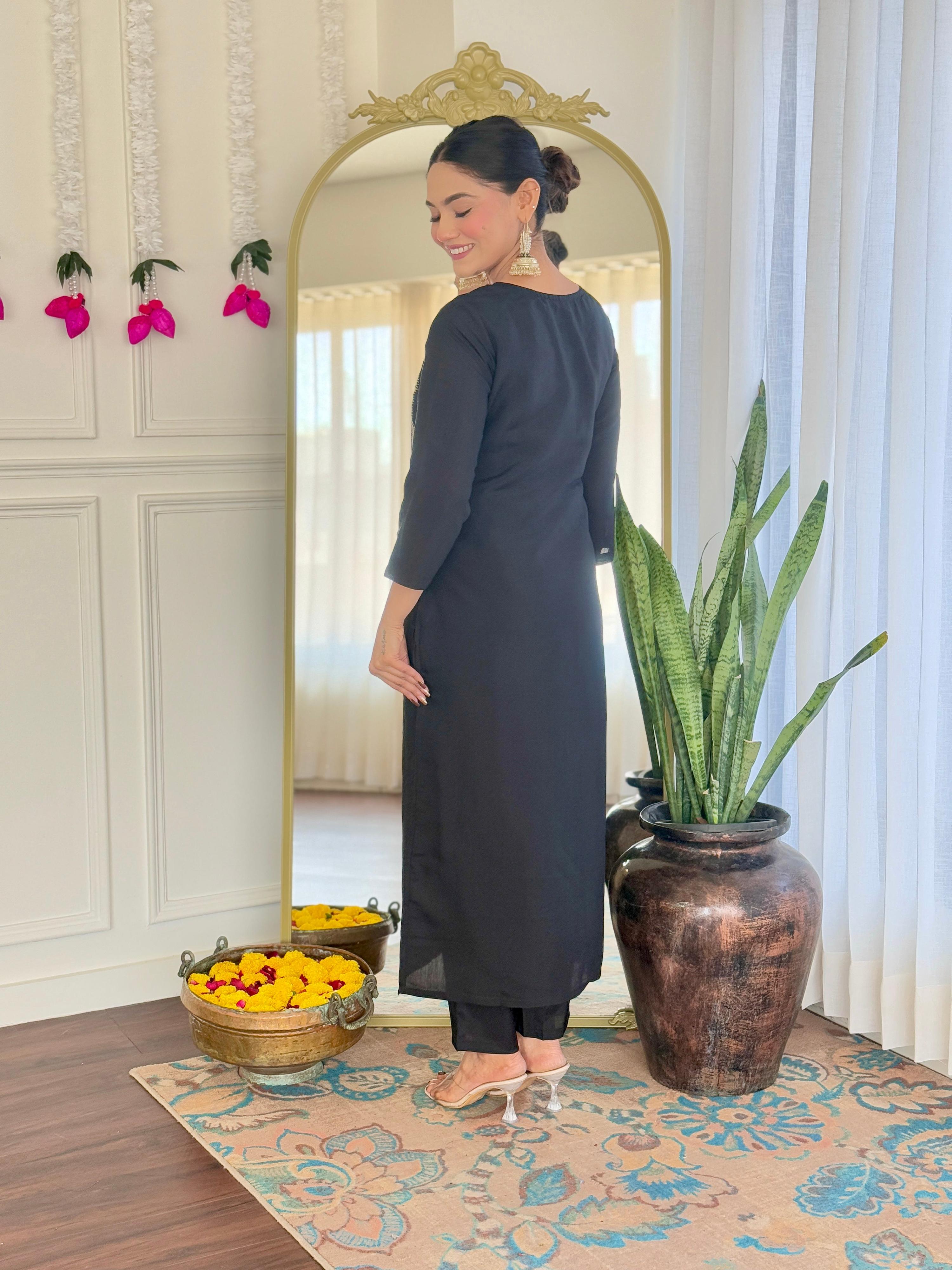 Teeya Creation Black Color Viscose Chanderi Embroidery Work Fully Stitched Kurti Set