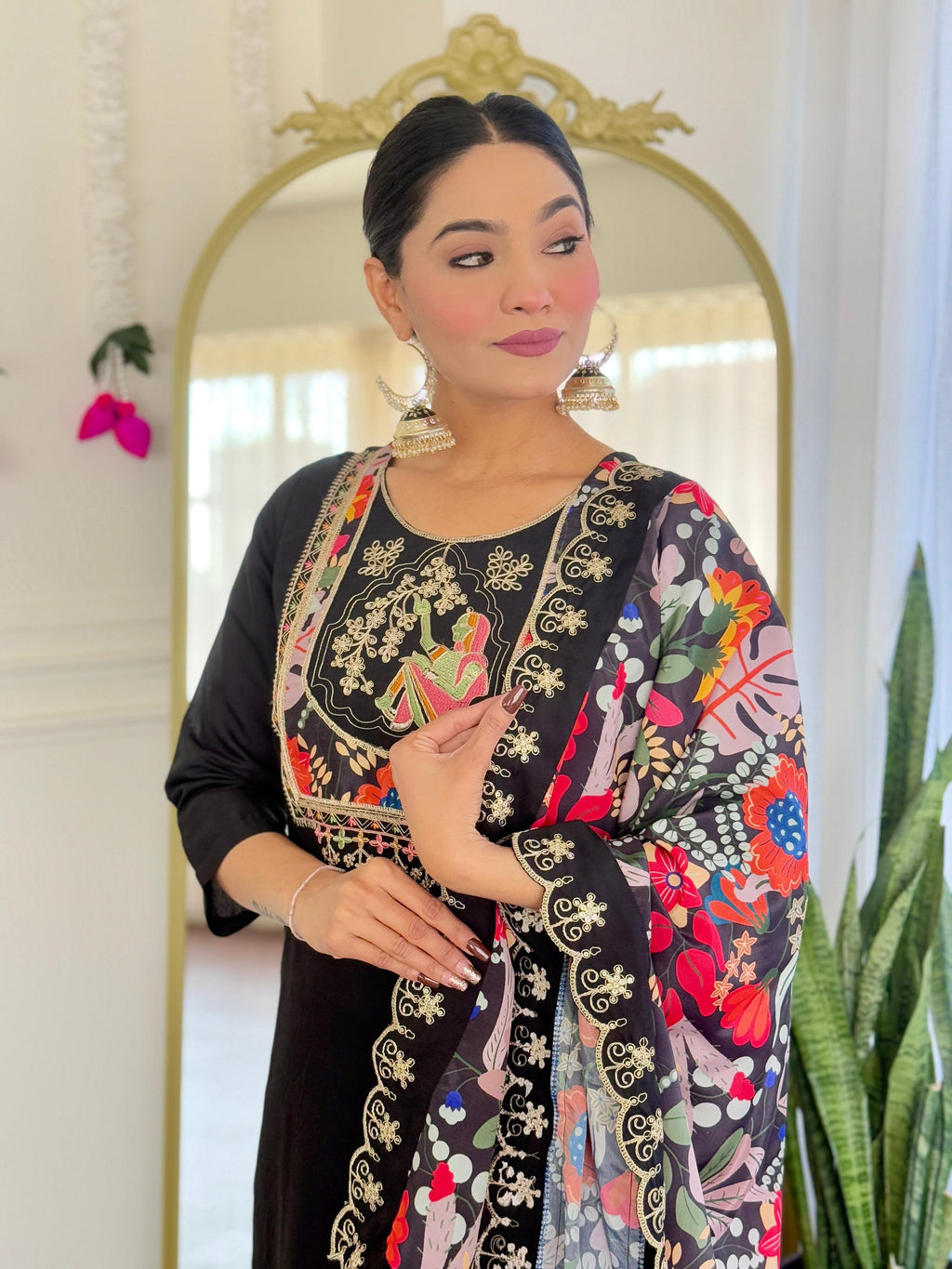Teeya Creation Black Color Viscose Chanderi Embroidery Work Fully Stitched Kurti Set
