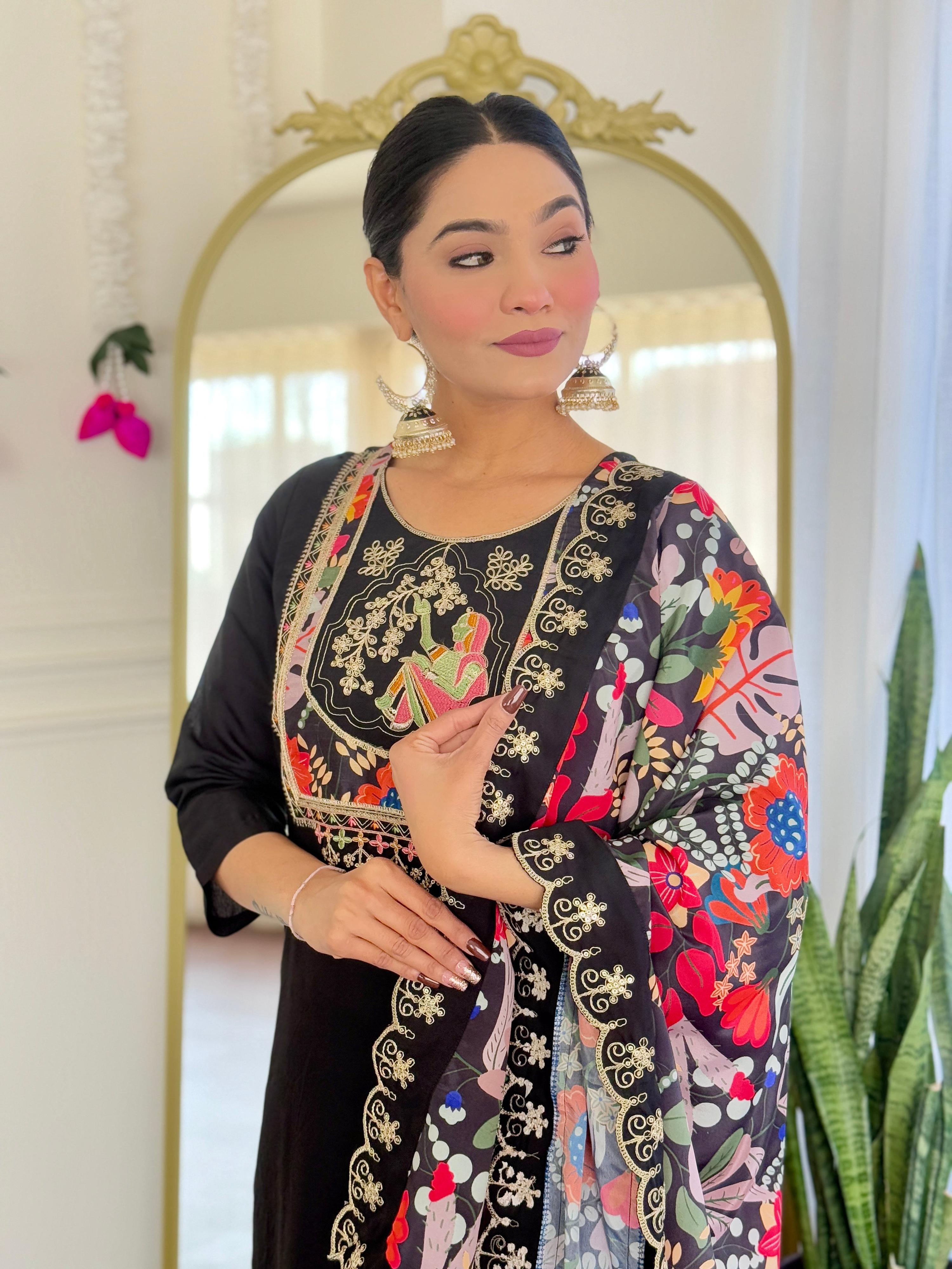 Teeya Creation Black Color Viscose Chanderi Embroidery Work Fully Stitched Kurti Set
