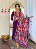 Teeya Creation Wine Color Viscose Chanderi Embroidery Work Fully Stitched Kurti Set