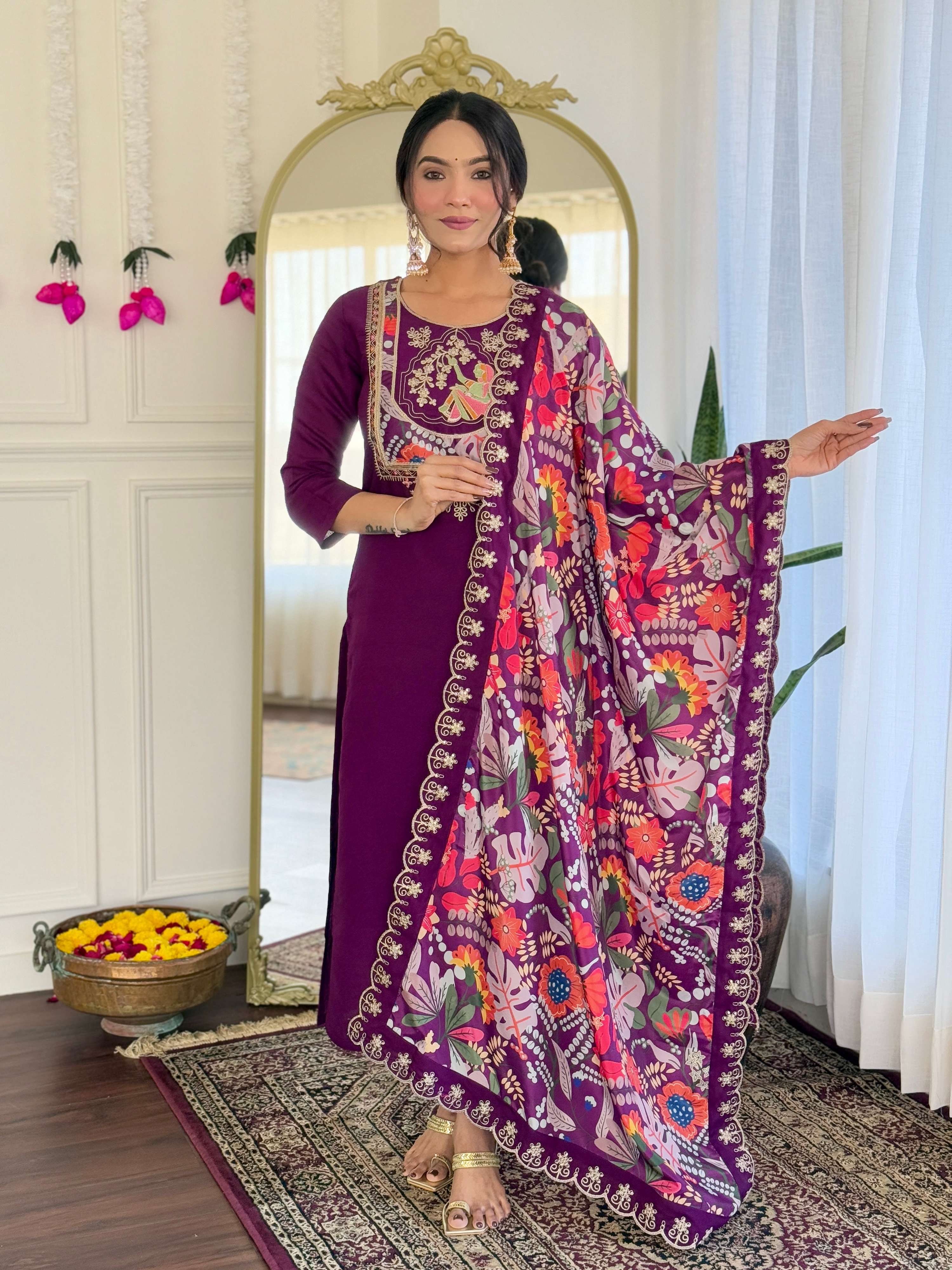 Teeya Creation Wine Color Viscose Chanderi Embroidery Work Fully Stitched Kurti Set
