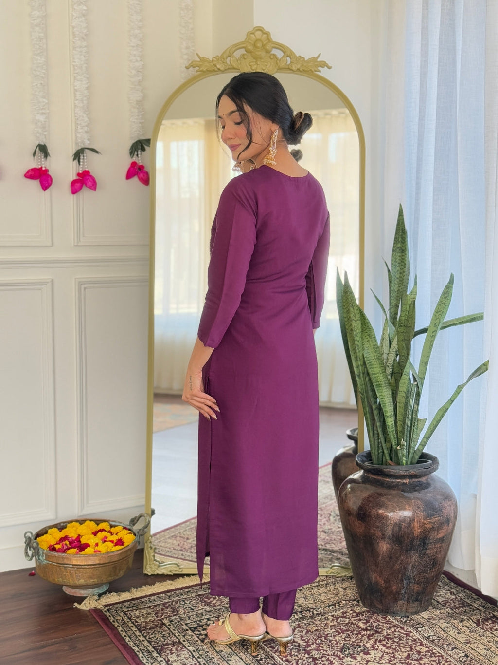 Teeya Creation Wine Color Viscose Chanderi Embroidery Work Fully Stitched Kurti Set