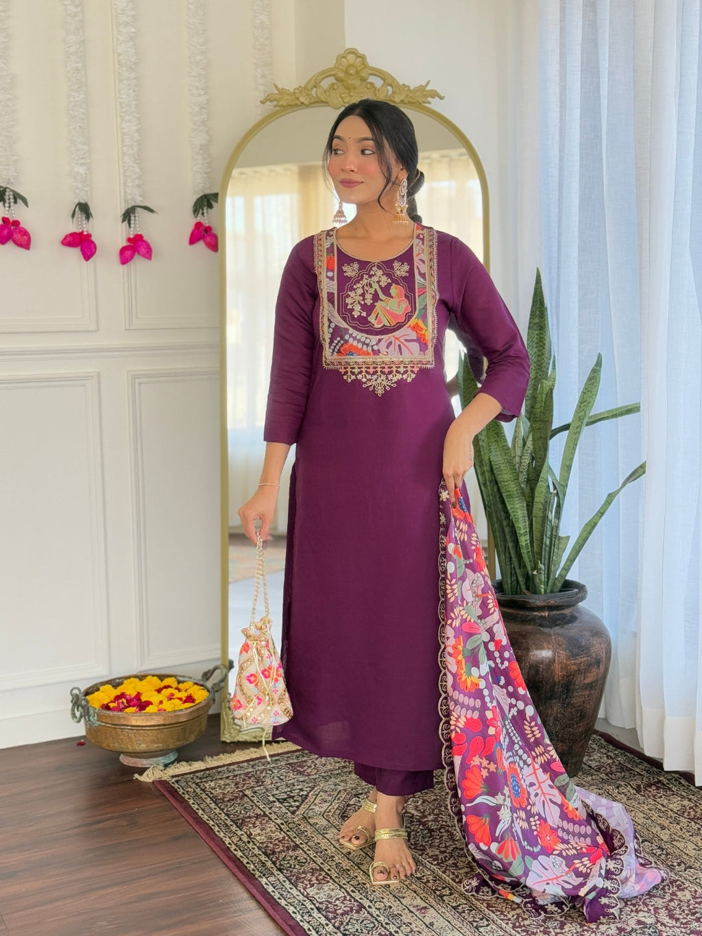 Teeya Creation Wine Color Viscose Chanderi Embroidery Work Fully Stitched Kurti Set