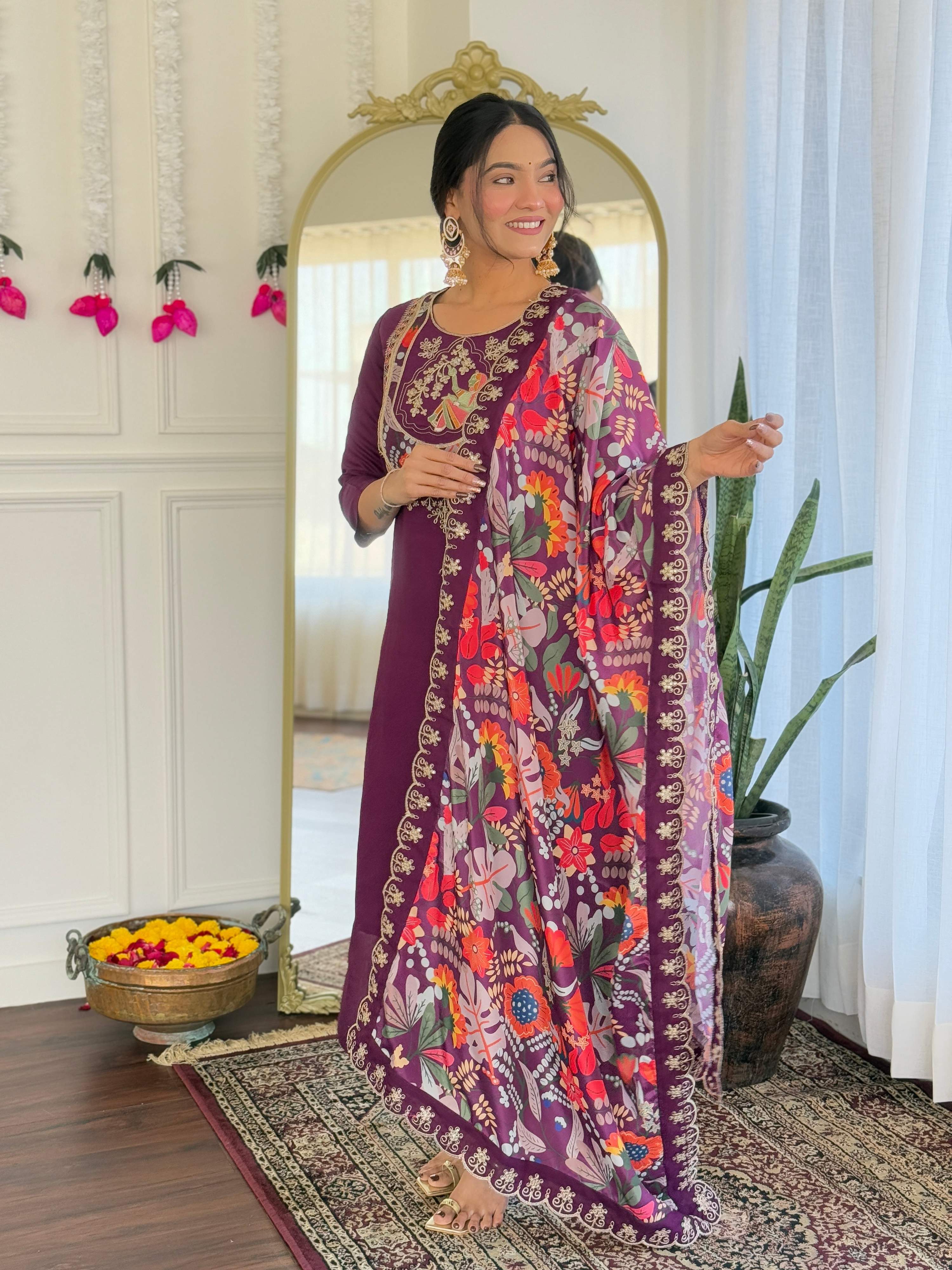 Teeya Creation Wine Color Viscose Chanderi Embroidery Work Fully Stitched Kurti Set