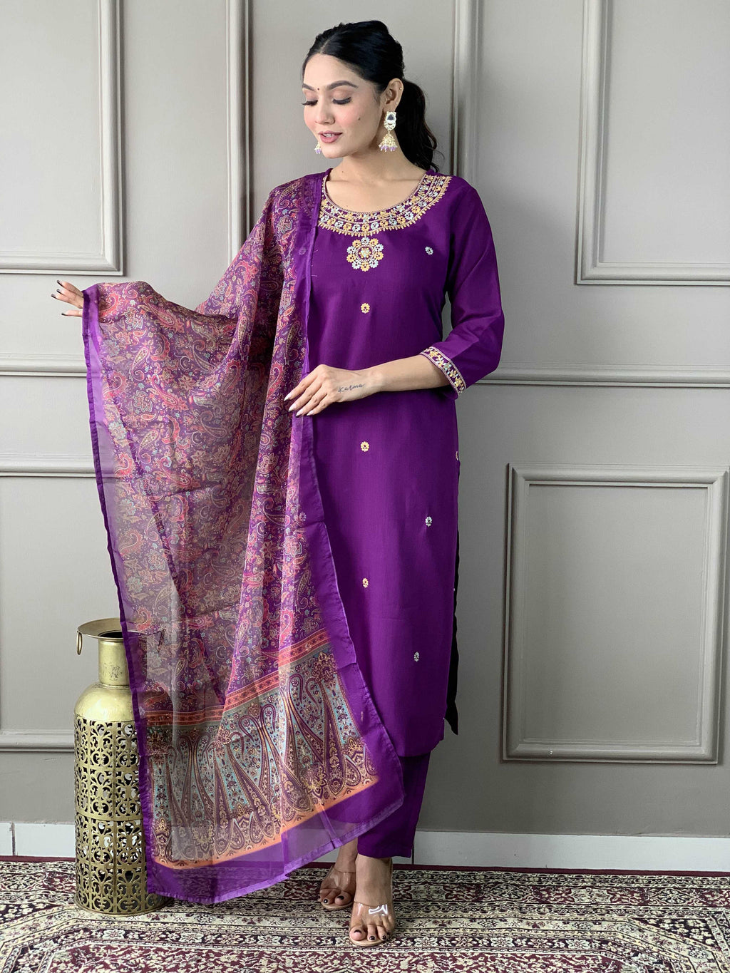 Teeya Creation Purple Color Rayon Slub Embroidery Work Fully Stitched Kurti Set