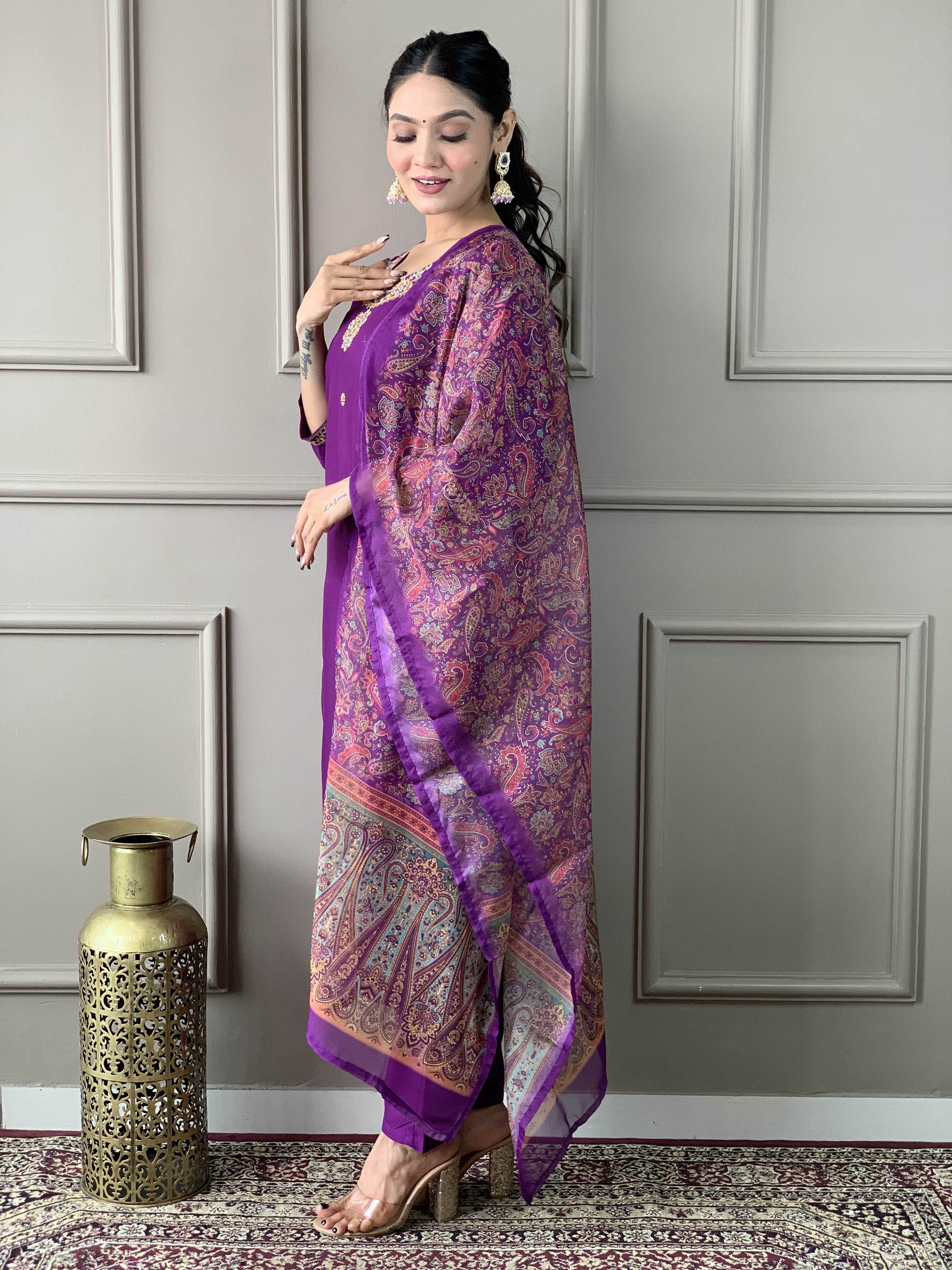 Teeya Creation Purple Color Rayon Slub Embroidery Work Fully Stitched Kurti Set