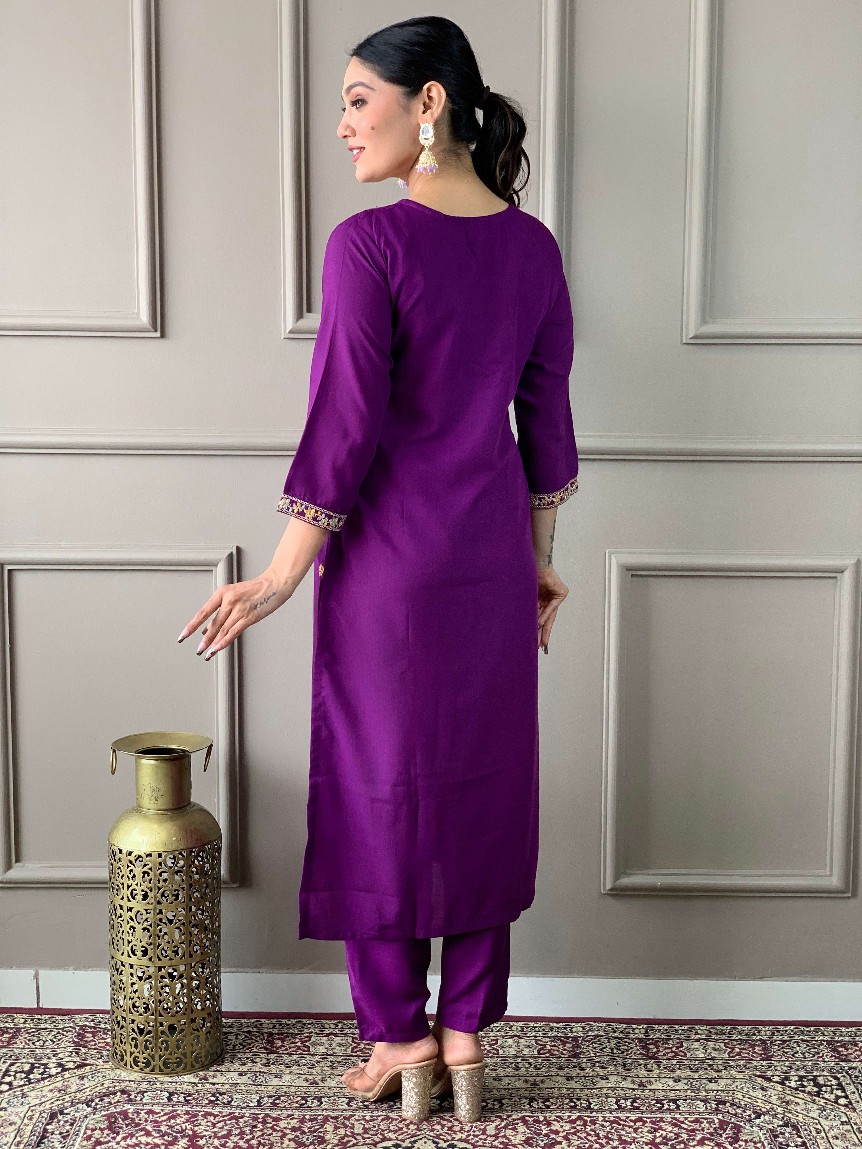 Teeya Creation Purple Color Rayon Slub Embroidery Work Fully Stitched Kurti Set