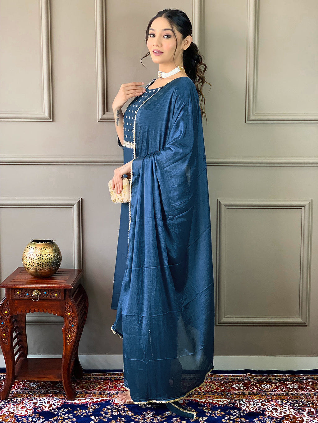 Teeya Creation Blue Color Rayon Slub Embroidery Work Fully Stitched Kurti Set