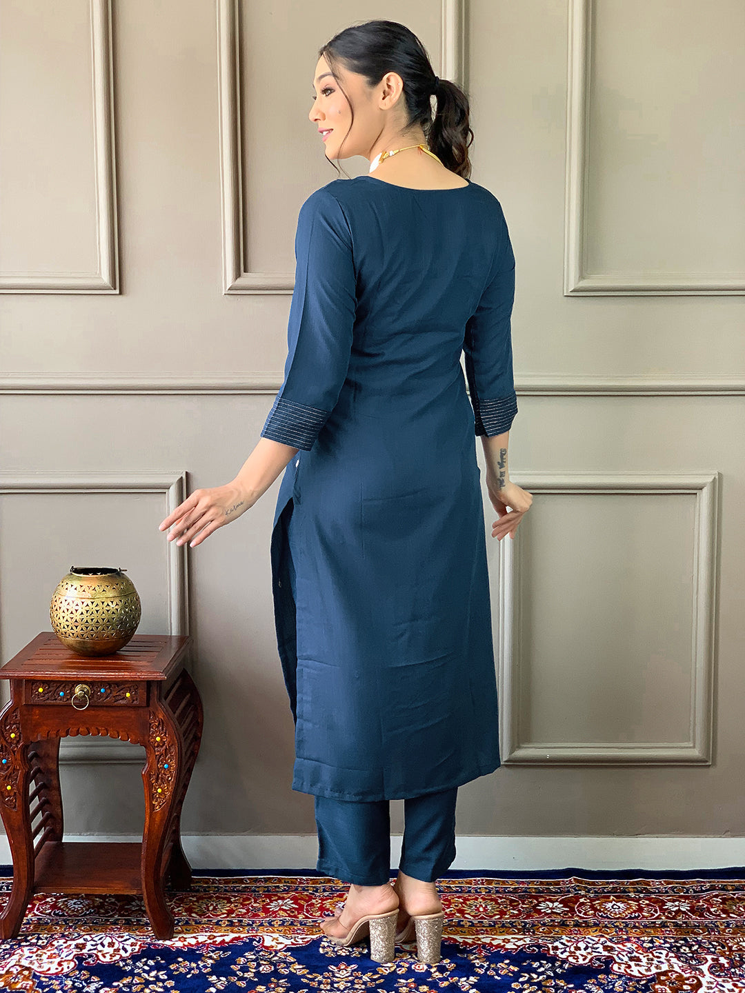 Teeya Creation Blue Color Rayon Slub Embroidery Work Fully Stitched Kurti Set