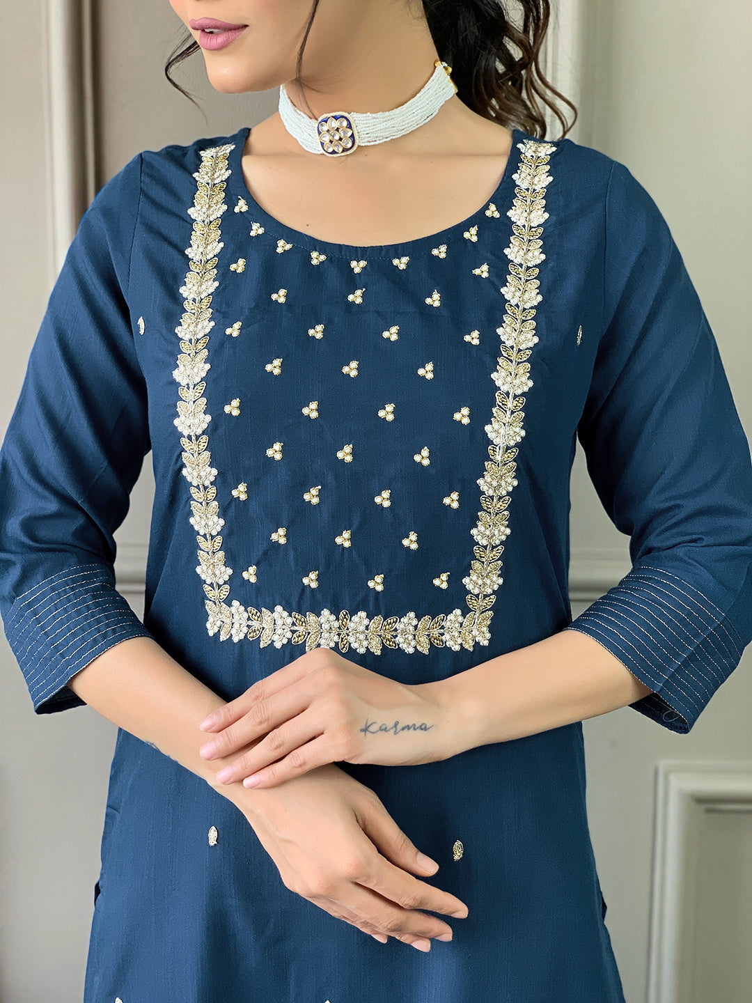 Teeya Creation Blue Color Rayon Slub Embroidery Work Fully Stitched Kurti Set