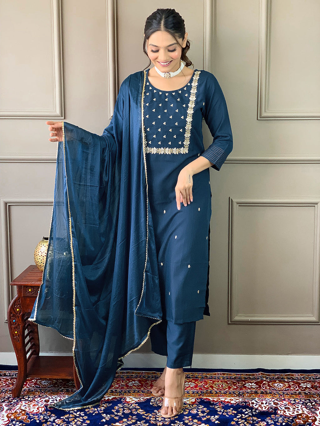 Teeya Creation Blue Color Rayon Slub Embroidery Work Fully Stitched Kurti Set