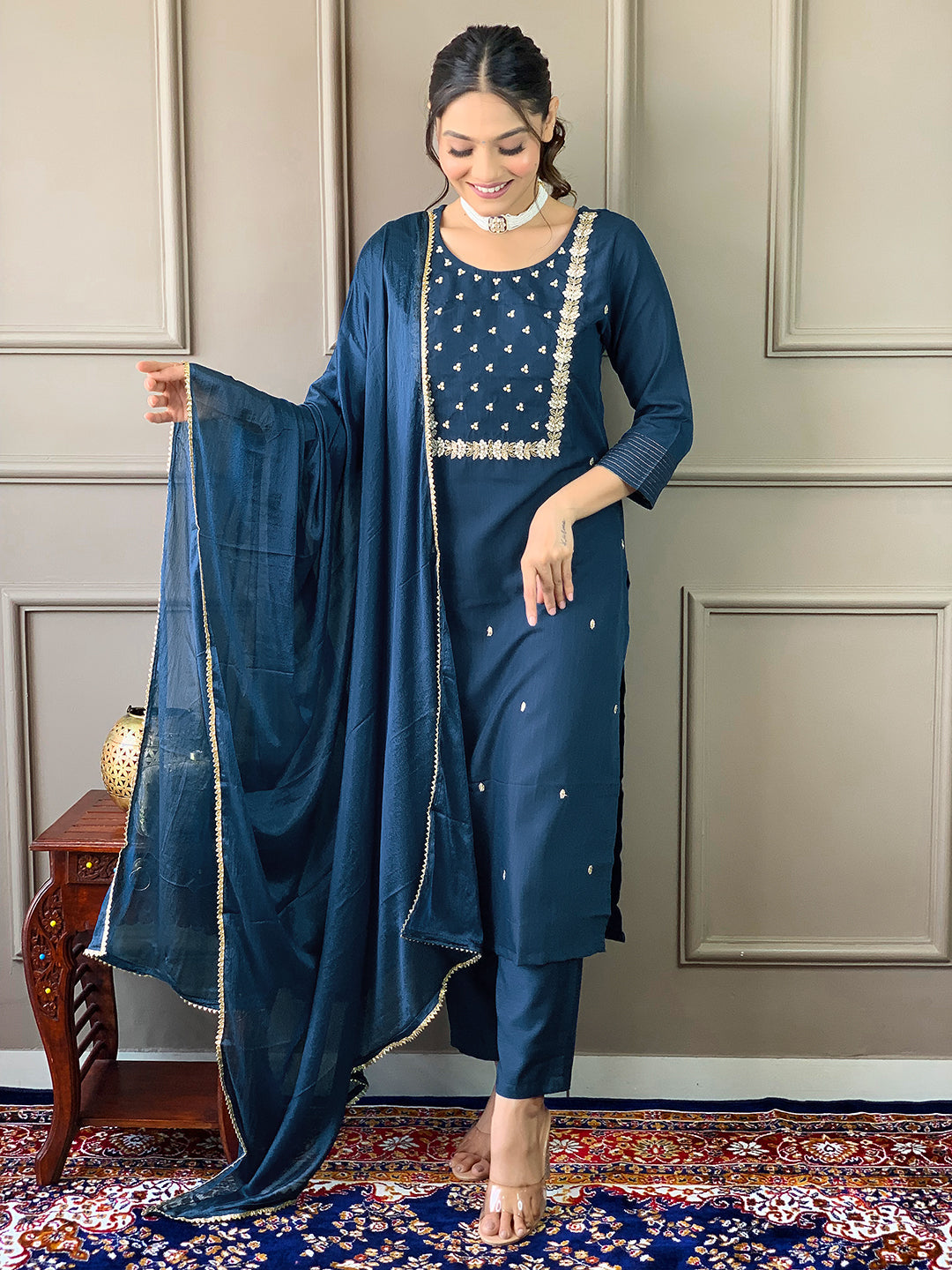 Teeya Creation Blue Color Rayon Slub Embroidery Work Fully Stitched Kurti Set