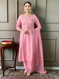 Teeya Creation Baby Pink Color Rayon Slub Embroidery Work Fully Stitched Kurti Set