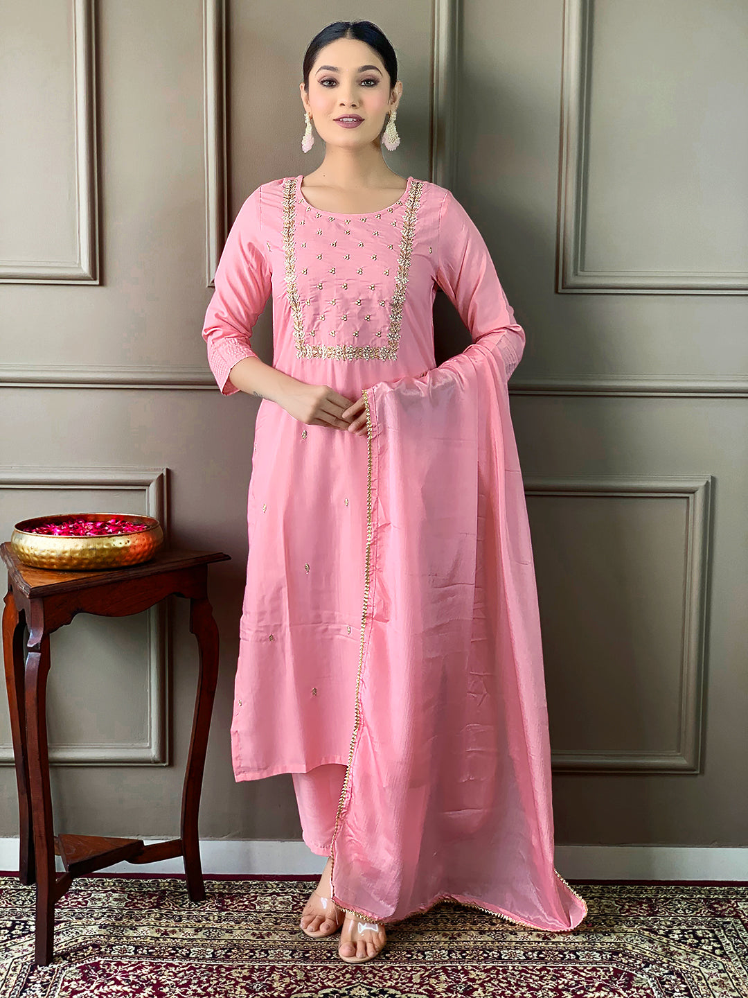 Teeya Creation Baby Pink Color Rayon Slub Embroidery Work Fully Stitched Kurti Set