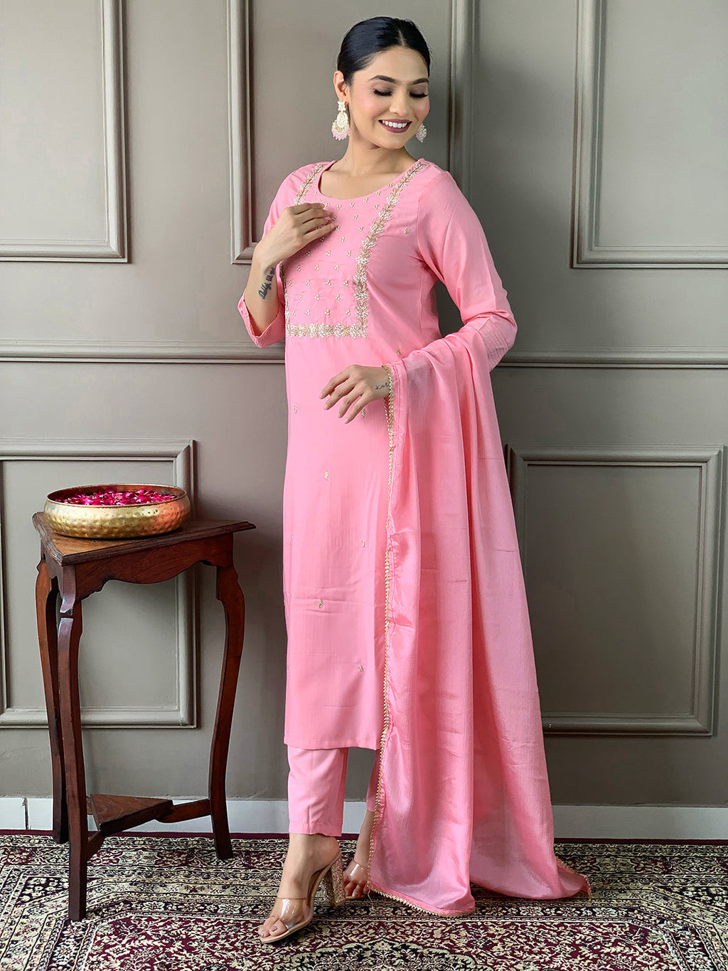 Teeya Creation Baby Pink Color Rayon Slub Embroidery Work Fully Stitched Kurti Set