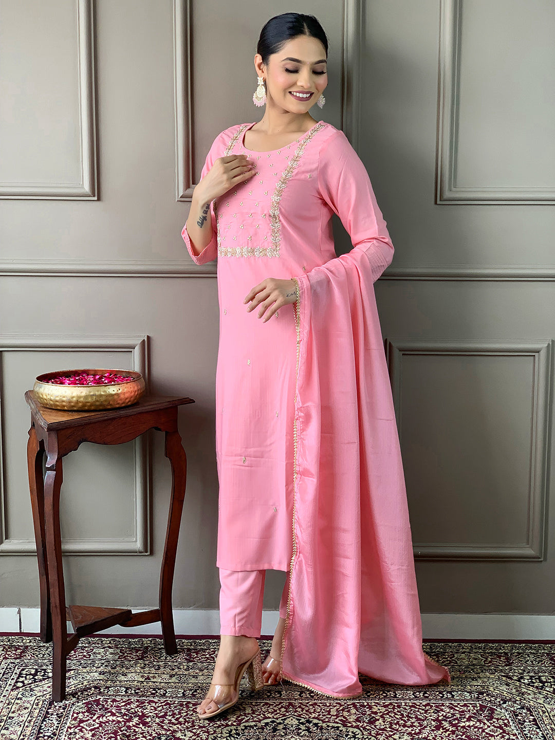 Teeya Creation Baby Pink Color Rayon Slub Embroidery Work Fully Stitched Kurti Set
