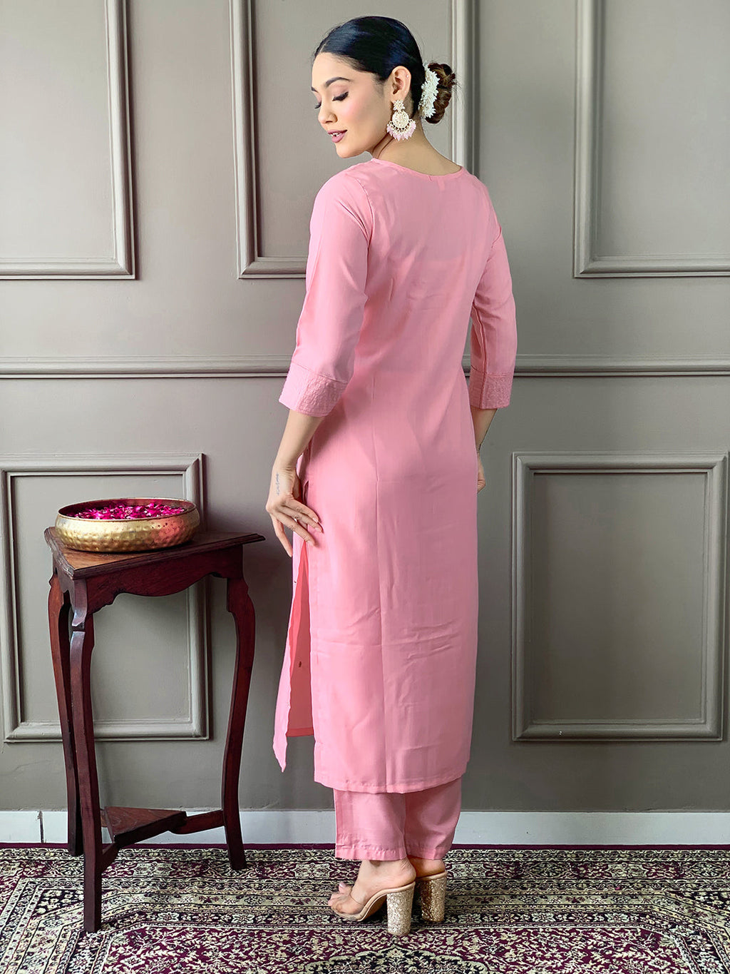 Teeya Creation Baby Pink Color Rayon Slub Embroidery Work Fully Stitched Kurti Set