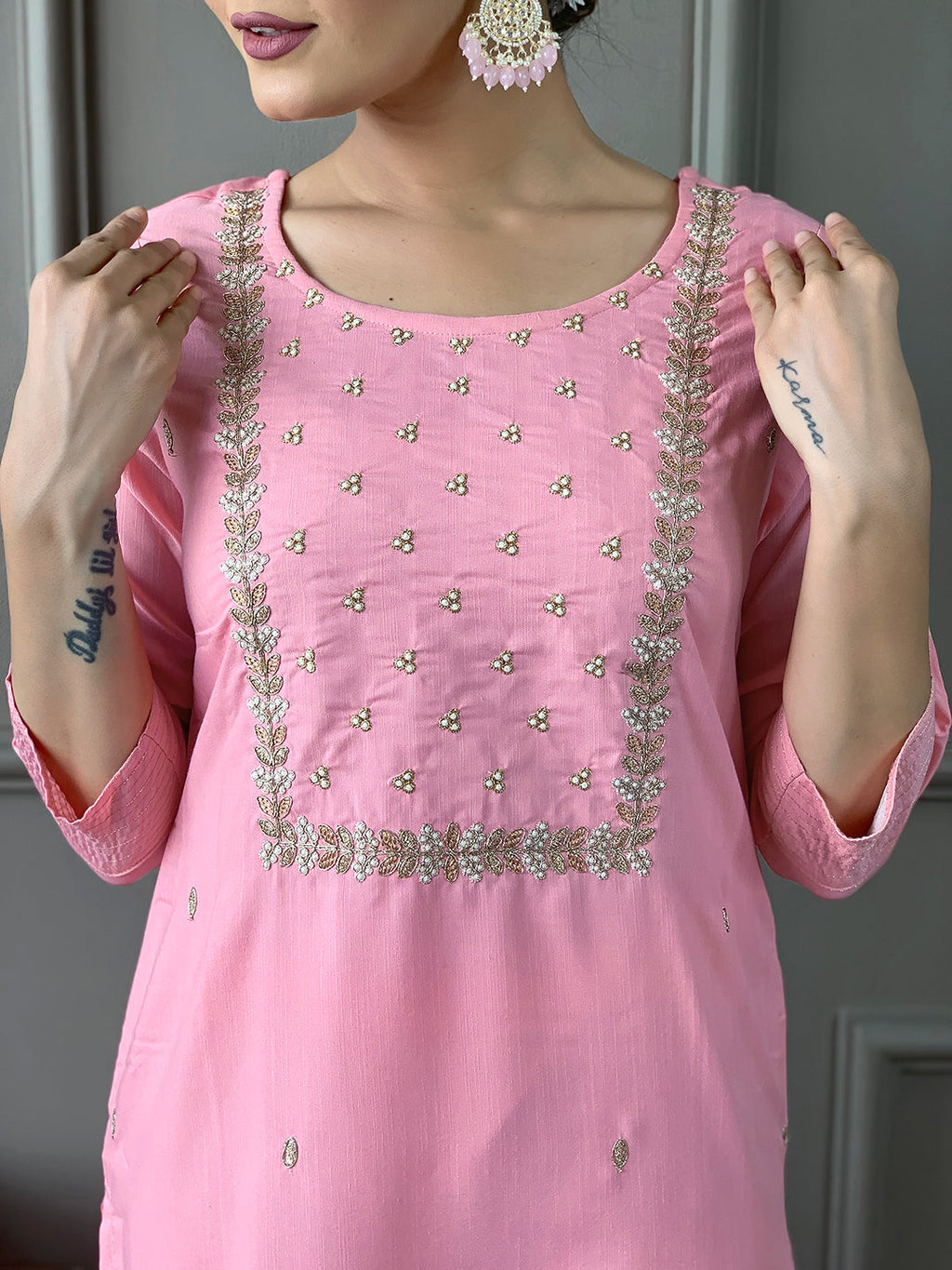 Teeya Creation Baby Pink Color Rayon Slub Embroidery Work Fully Stitched Kurti Set