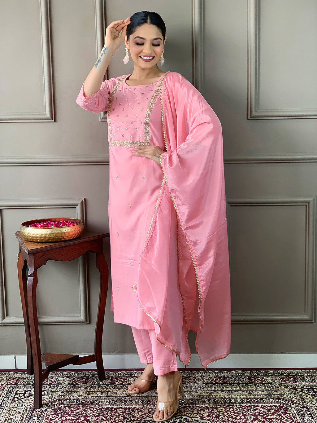 Teeya Creation Baby Pink Color Rayon Slub Embroidery Work Fully Stitched Kurti Set