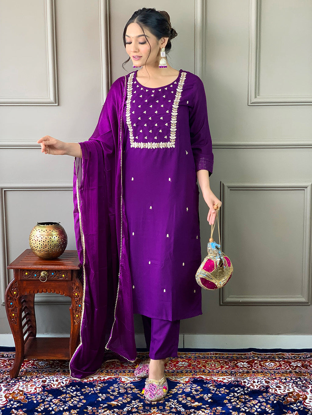 Teeya Creation Violet Color Rayon Slub Embroidery Work Fully Stitched Kurti Set