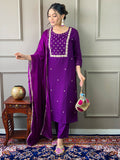 Teeya Creation Violet Color Rayon Slub Embroidery Work Fully Stitched Kurti Set
