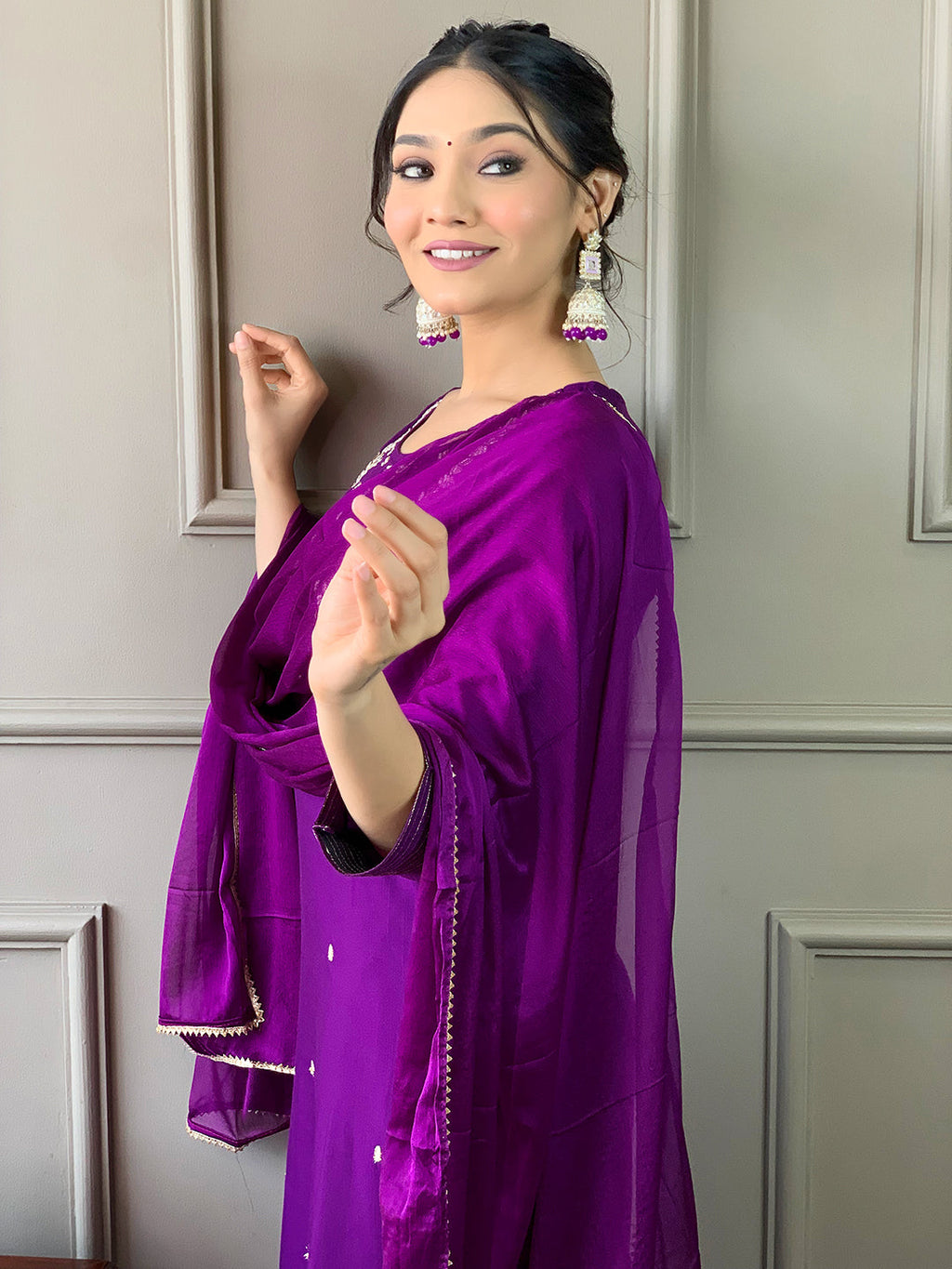 Teeya Creation Violet Color Rayon Slub Embroidery Work Fully Stitched Kurti Set