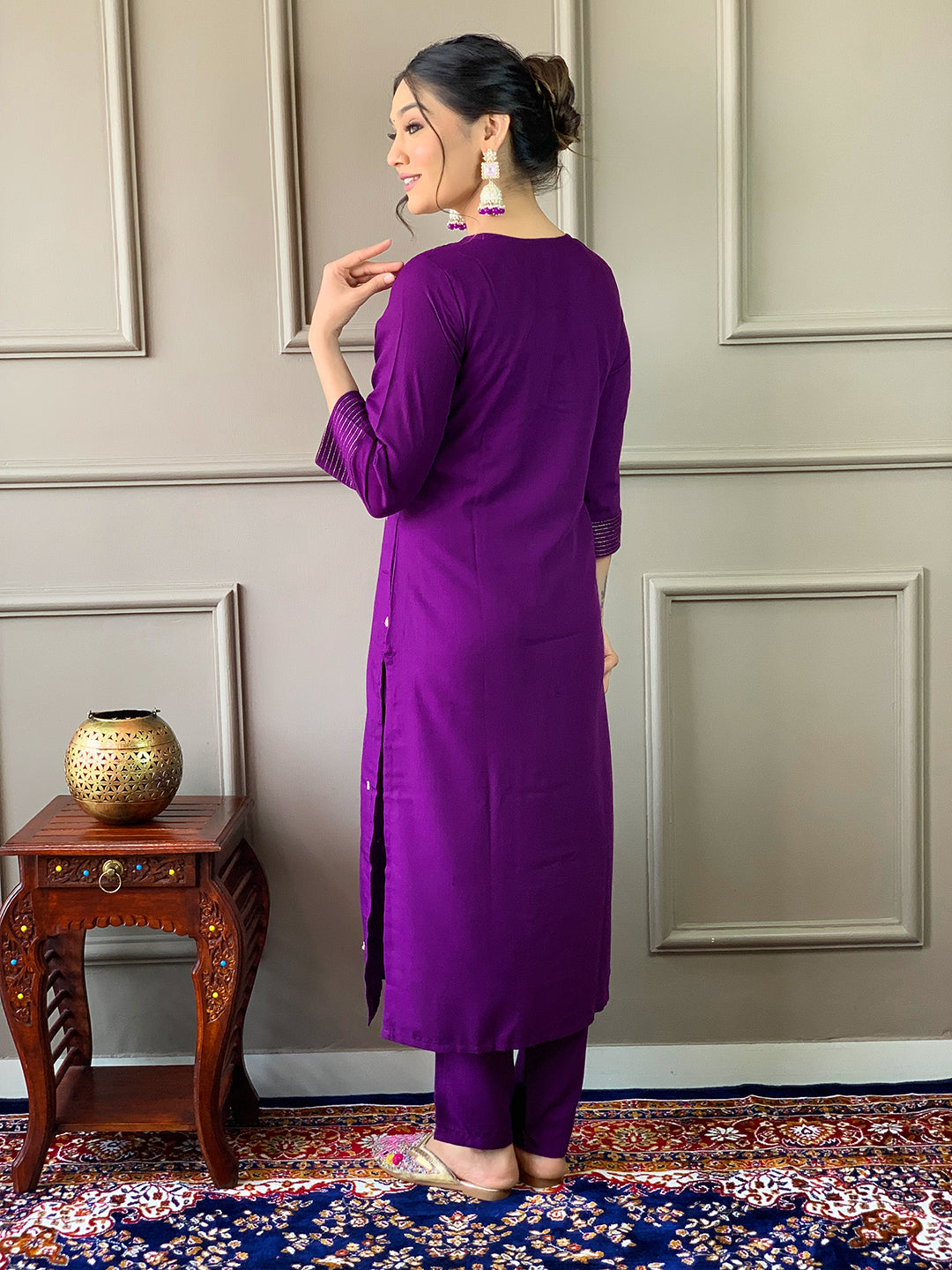 Teeya Creation Violet Color Rayon Slub Embroidery Work Fully Stitched Kurti Set