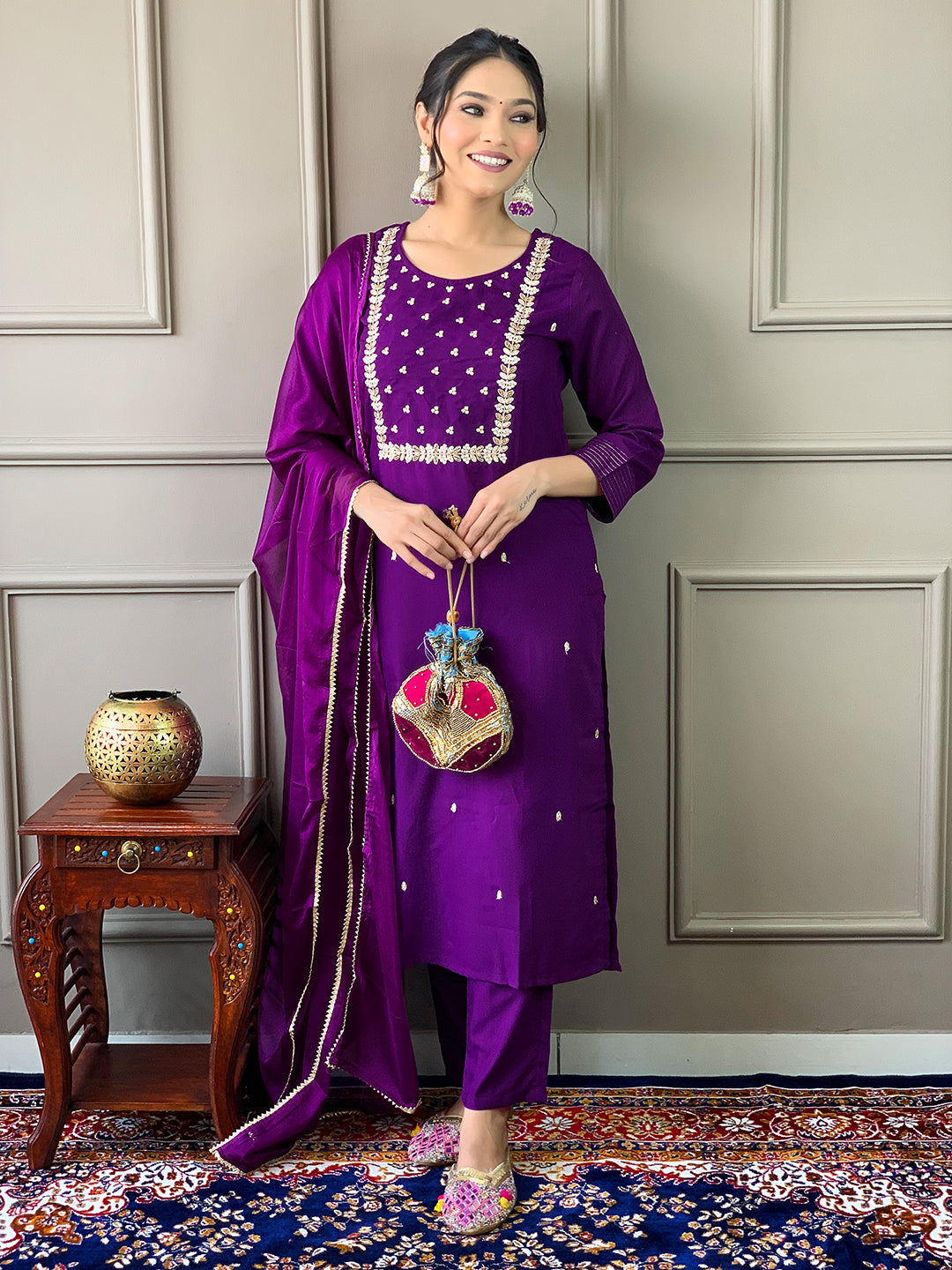 Teeya Creation Violet Color Rayon Slub Embroidery Work Fully Stitched Kurti Set