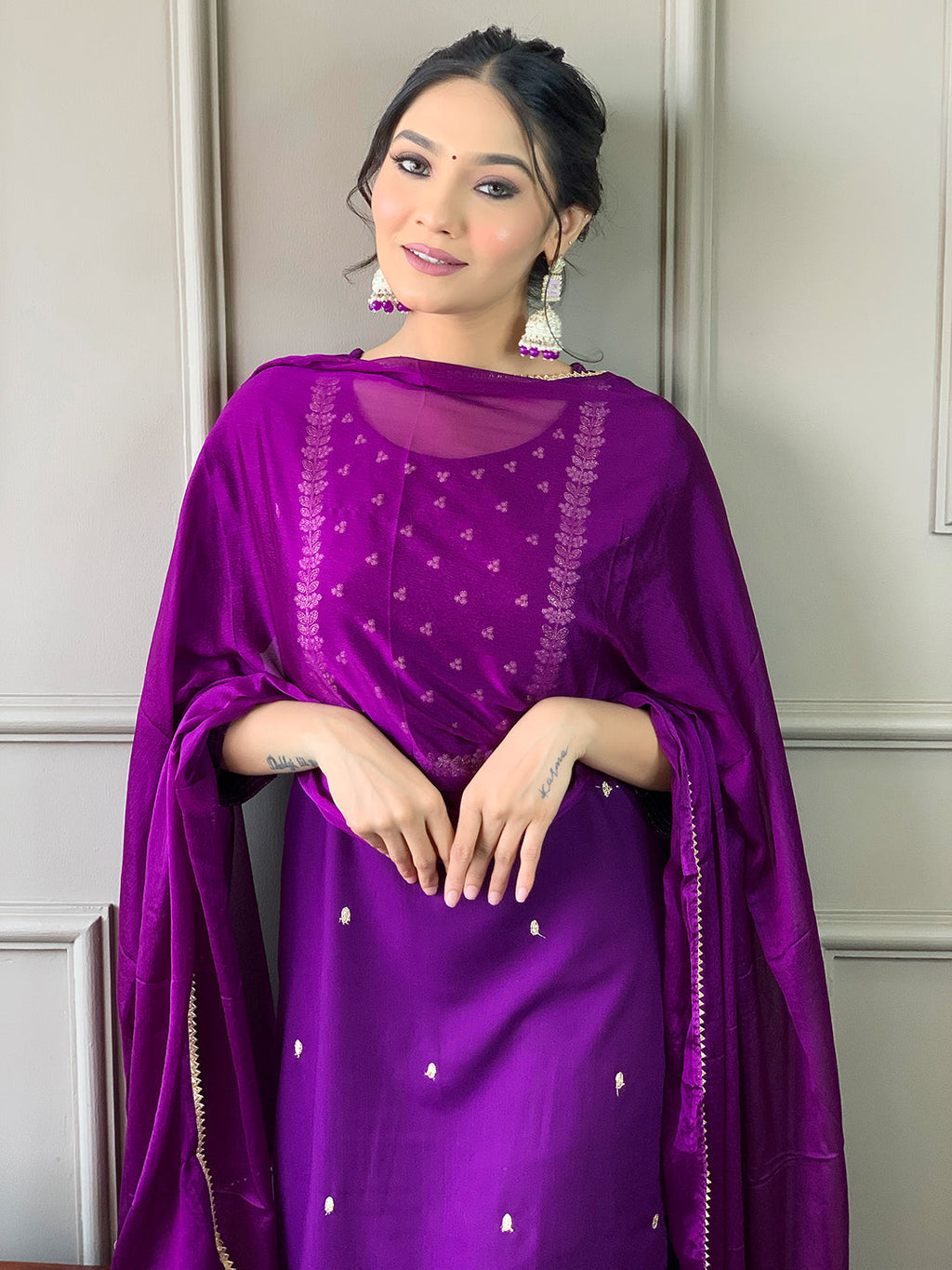 Teeya Creation Violet Color Rayon Slub Embroidery Work Fully Stitched Kurti Set