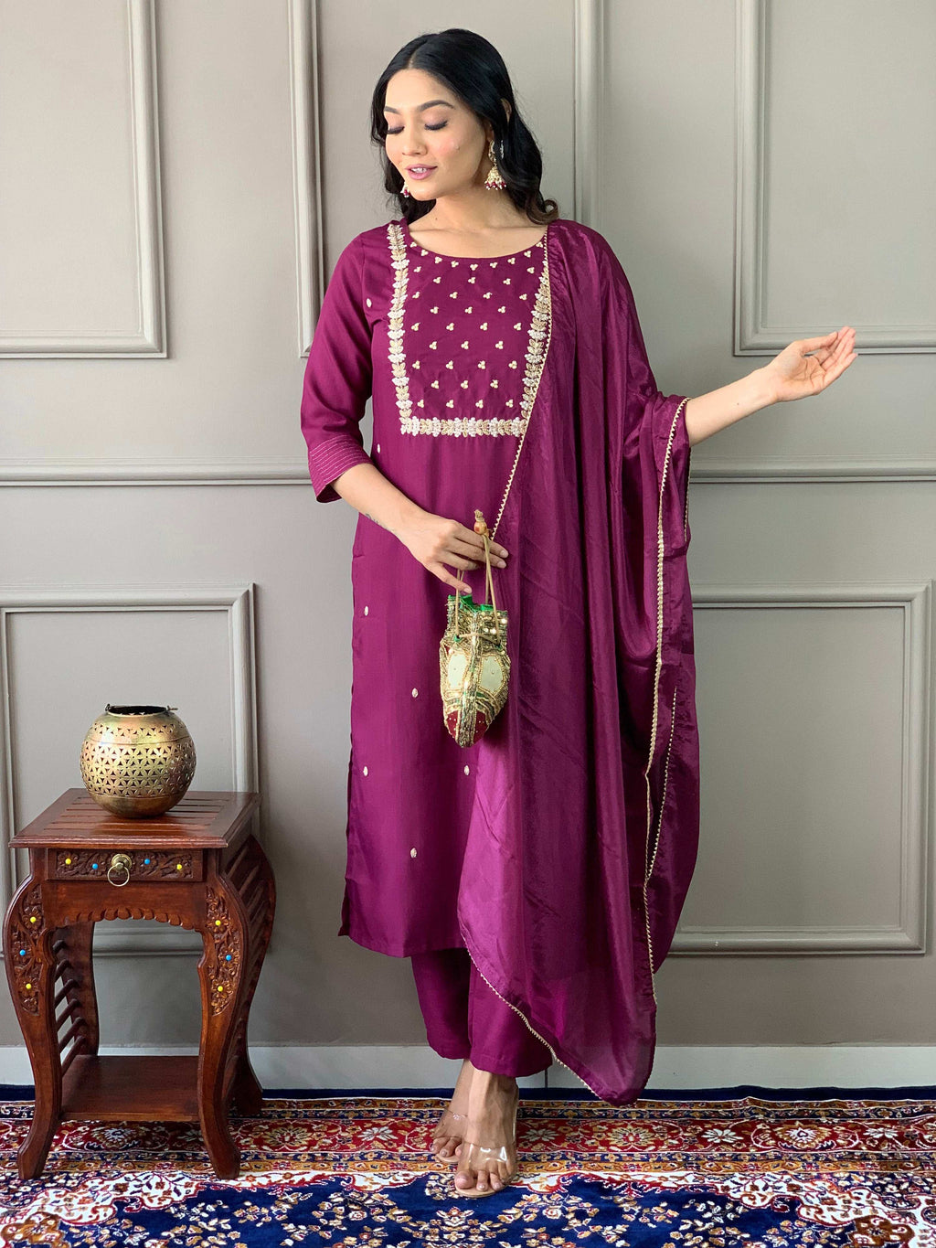 Teeya Creation Wine Color Rayon Slub Embroidery Work Fully Stitched Kurti Set