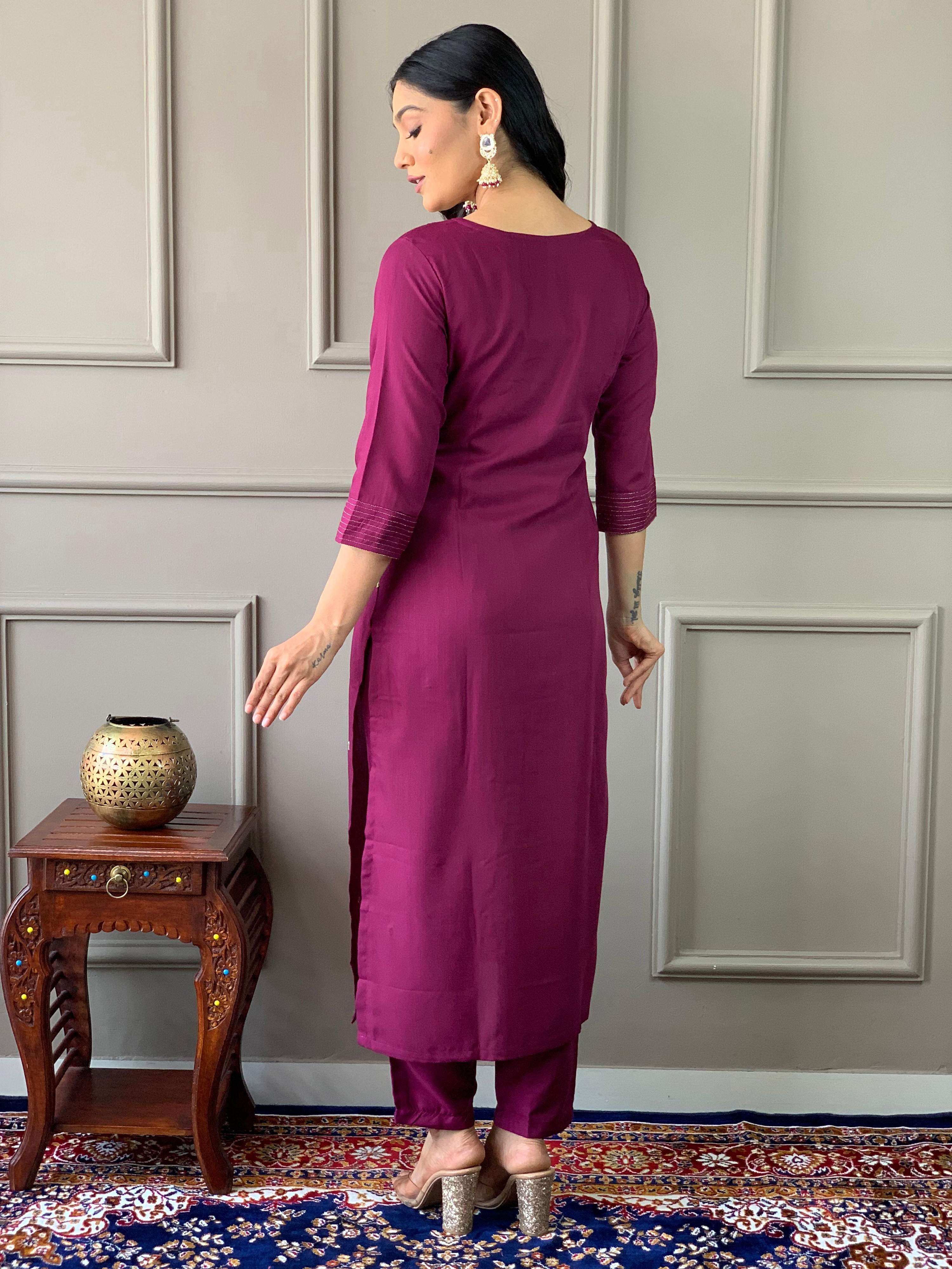Teeya Creation Wine Color Rayon Slub Embroidery Work Fully Stitched Kurti Set