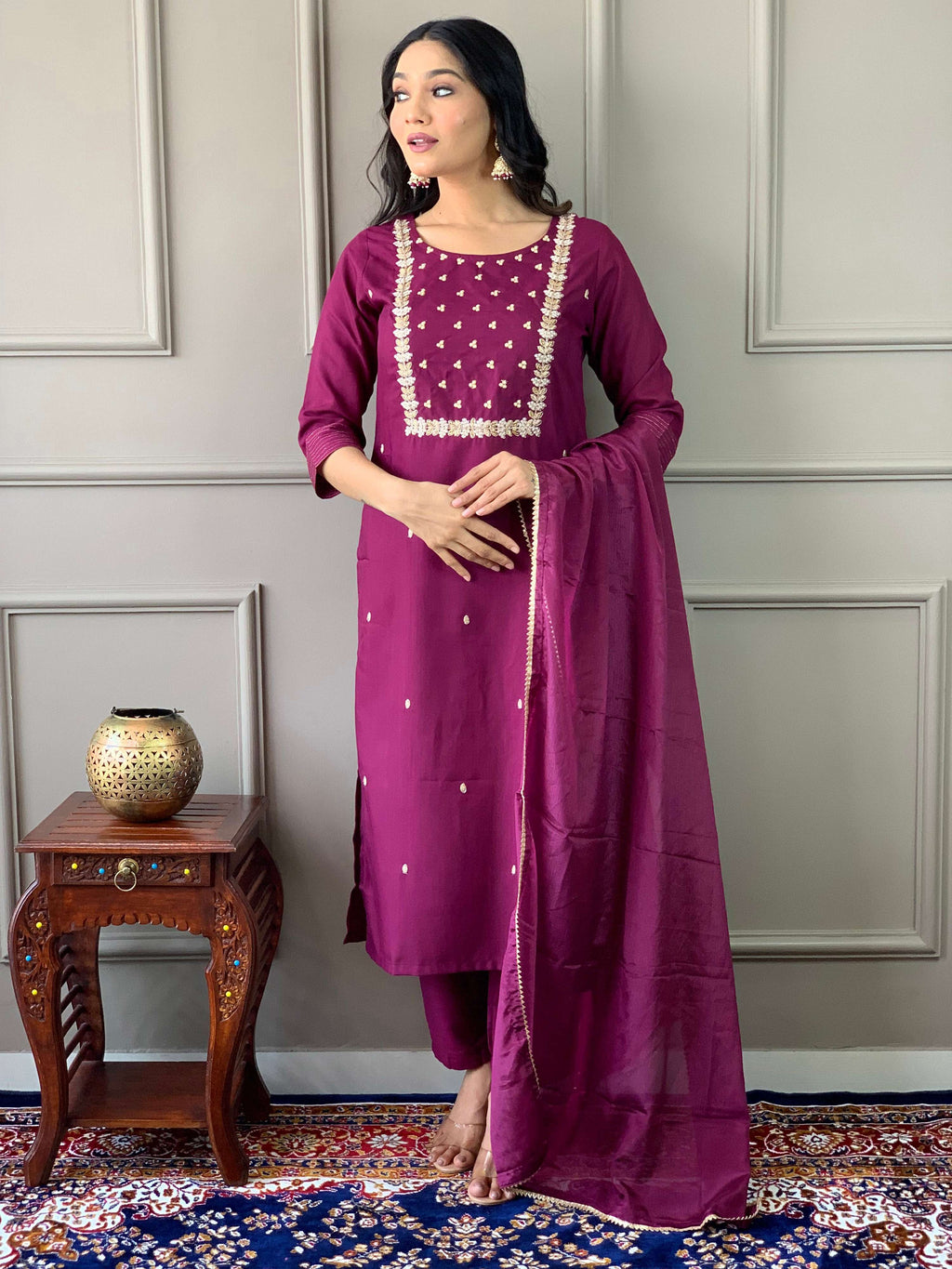 Teeya Creation Wine Color Rayon Slub Embroidery Work Fully Stitched Kurti Set