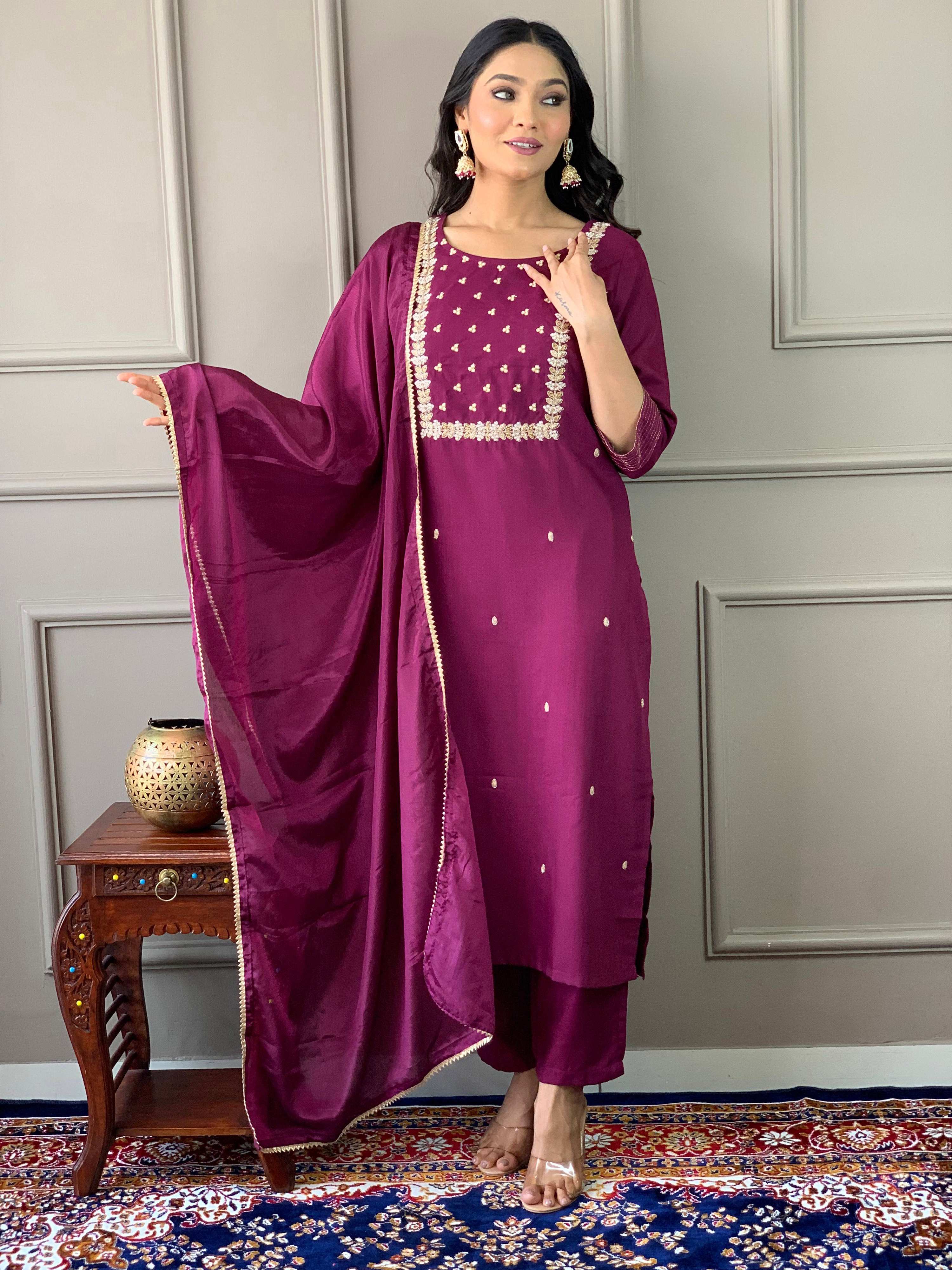 Teeya Creation Wine Color Rayon Slub Embroidery Work Fully Stitched Kurti Set