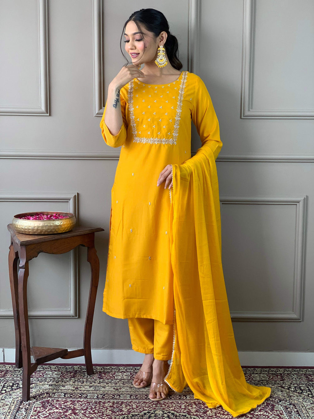 Teeya Creation Yellow Color Rayon Slub Embroidery Work Fully Stitched Kurti Set