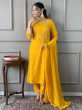 Teeya Creation Yellow Color Rayon Slub Embroidery Work Fully Stitched Kurti Set