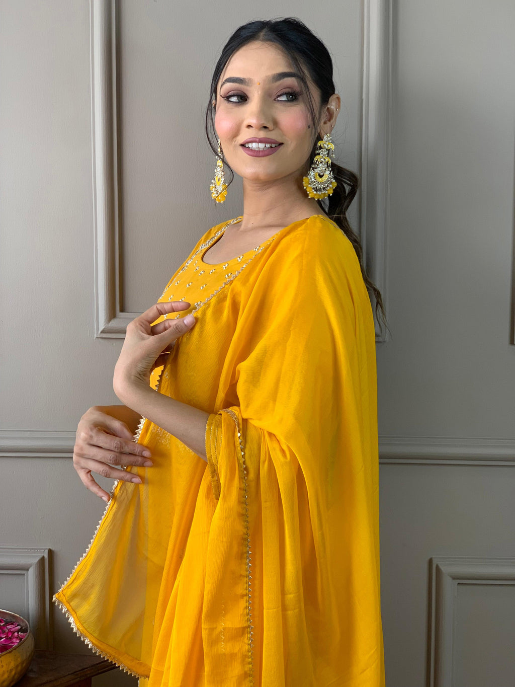 Teeya Creation Yellow Color Rayon Slub Embroidery Work Fully Stitched Kurti Set
