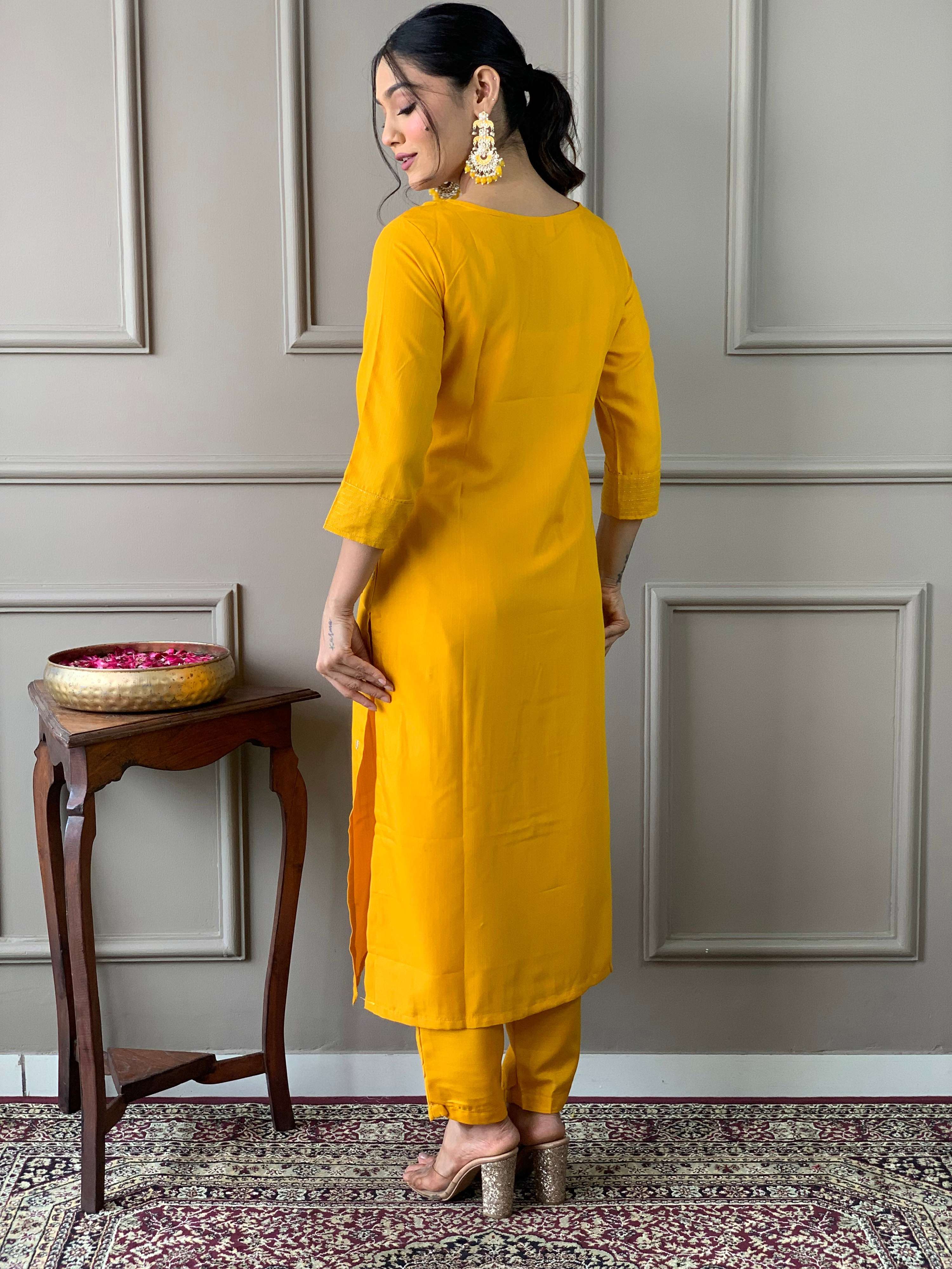 Teeya Creation Yellow Color Rayon Slub Embroidery Work Fully Stitched Kurti Set