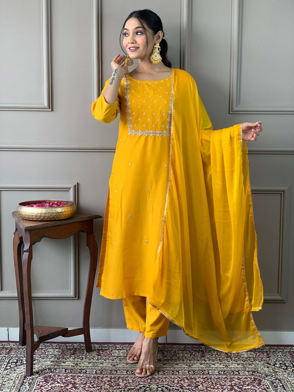 Teeya Creation Yellow Color Rayon Slub Embroidery Work Fully Stitched Kurti Set
