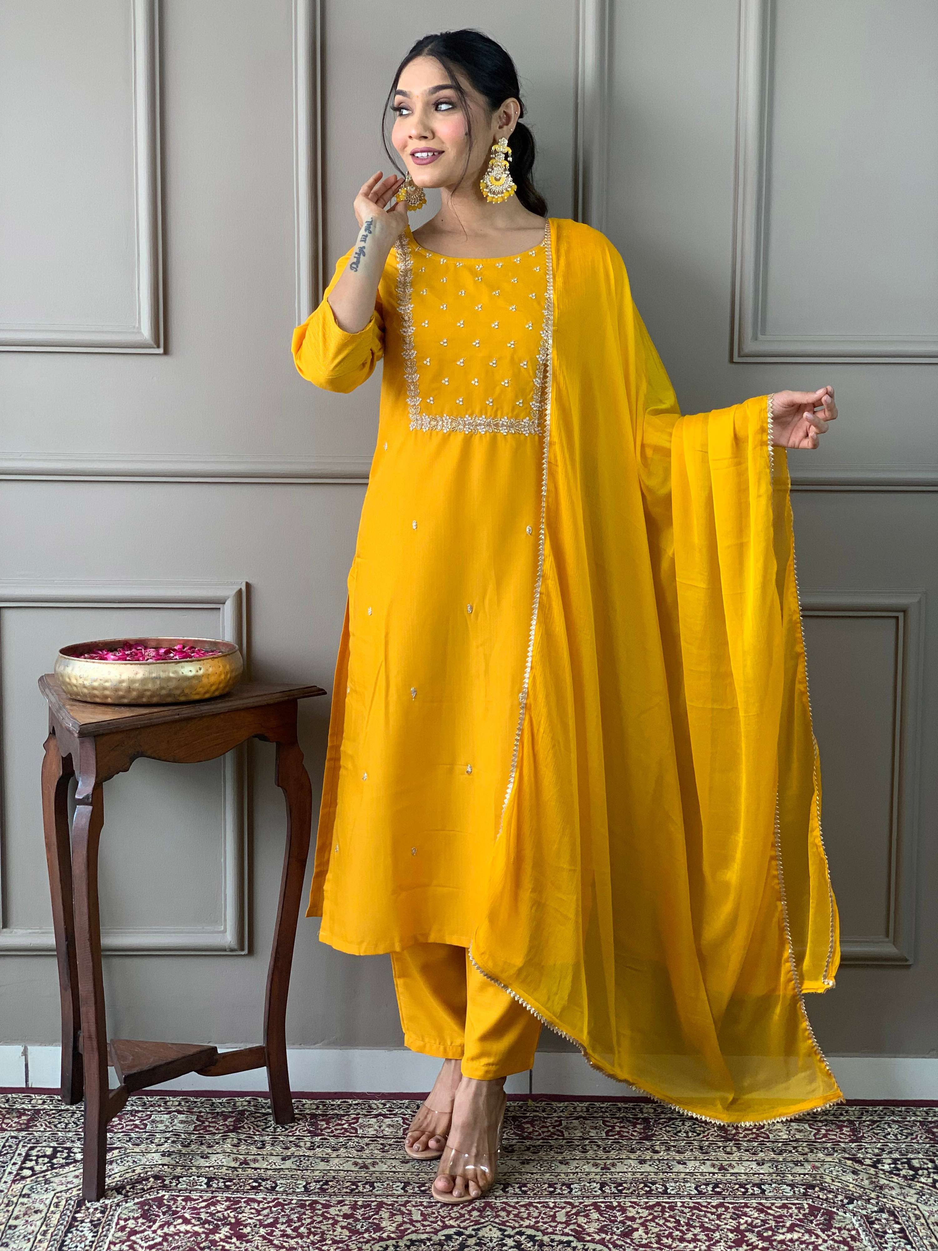 Teeya Creation Yellow Color Rayon Slub Embroidery Work Fully Stitched Kurti Set