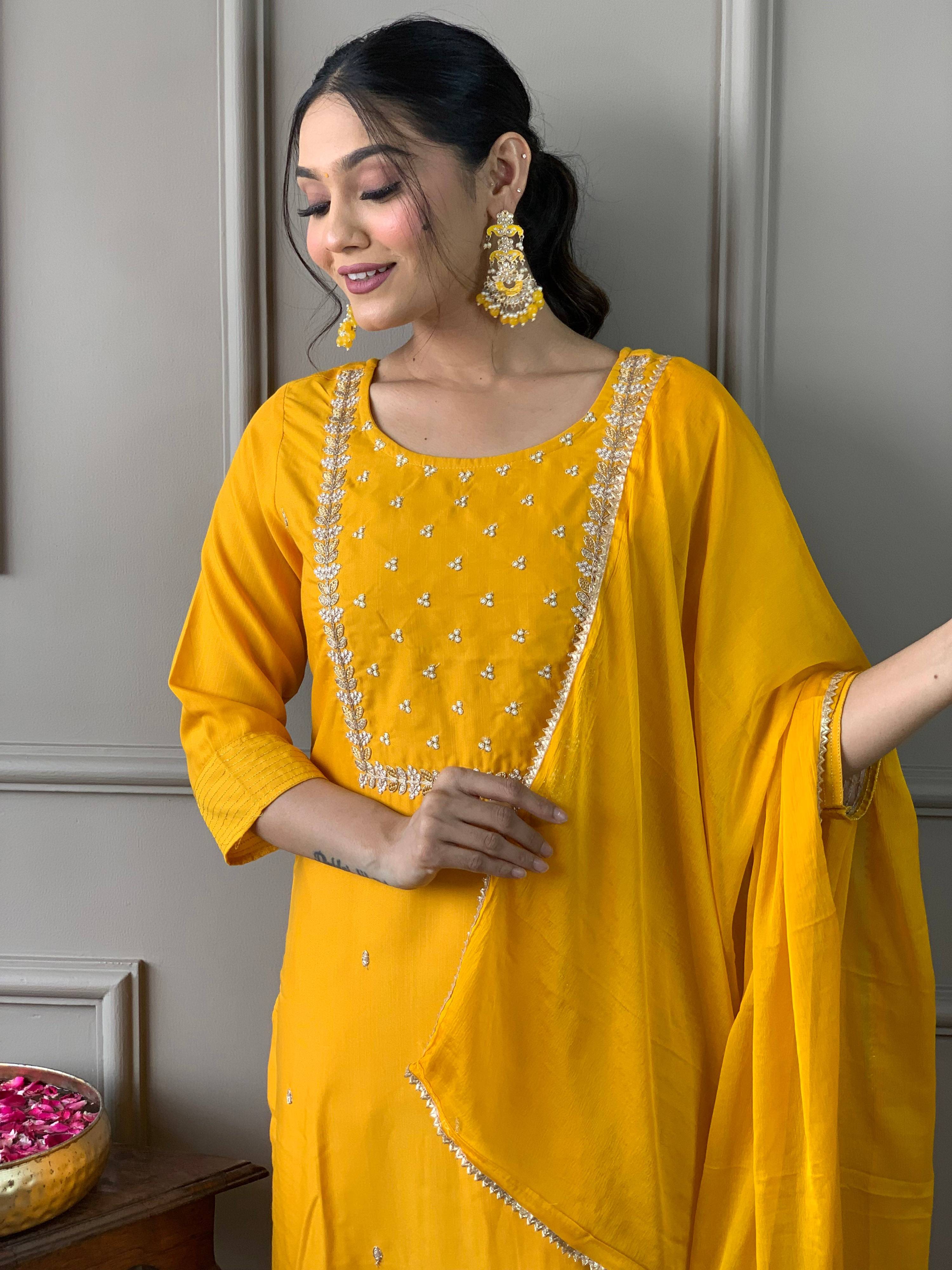 Teeya Creation Yellow Color Rayon Slub Embroidery Work Fully Stitched Kurti Set