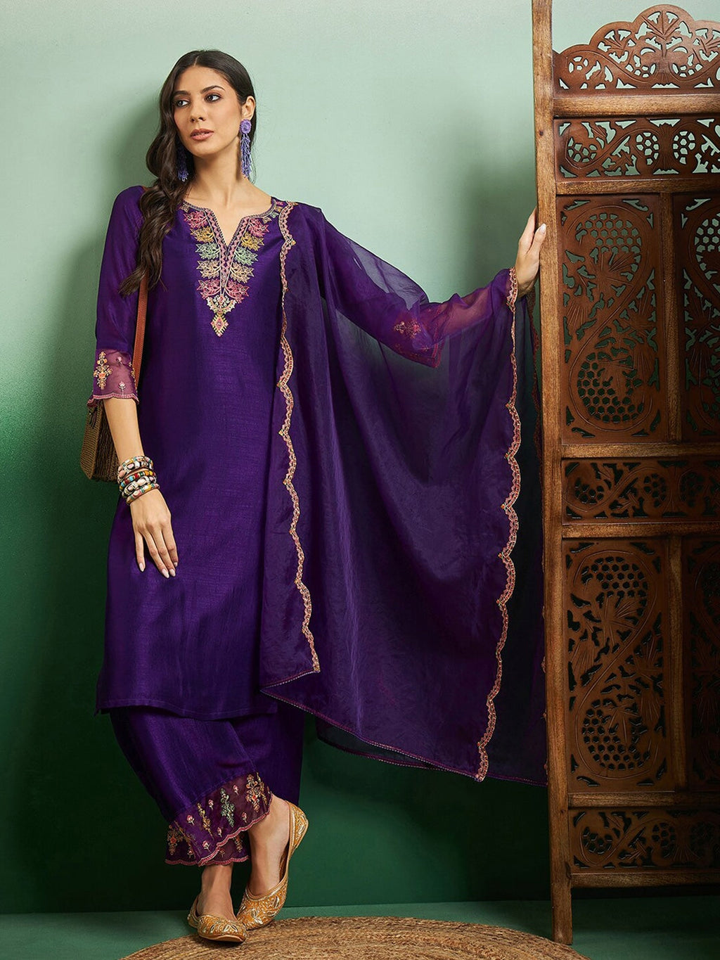 Teeya Creation Violet Color Chanderi Embroidery Work Fully Stitched Kurti Set