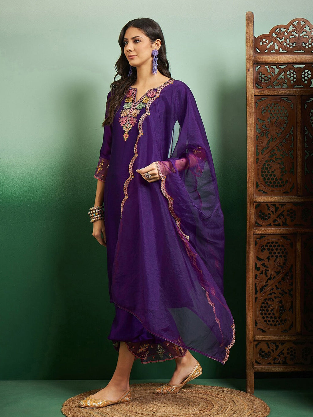 Teeya Creation Violet Color Chanderi Embroidery Work Fully Stitched Kurti Set