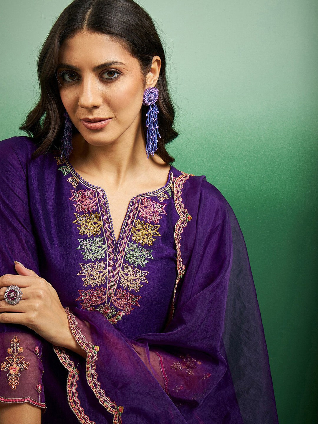 Teeya Creation Violet Color Chanderi Embroidery Work Fully Stitched Kurti Set